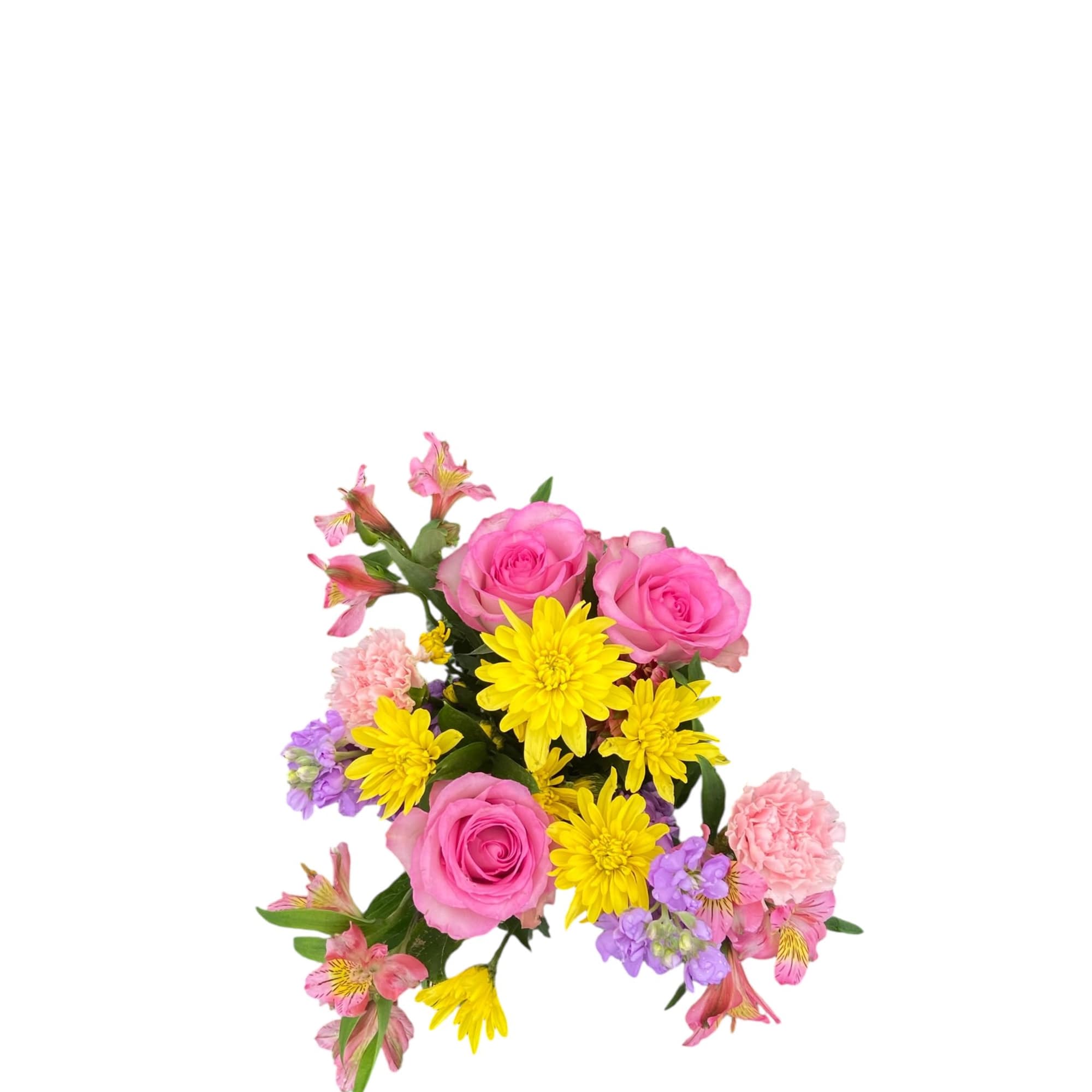 Bouquet of pink roses, yellow daisies, and purple flowers