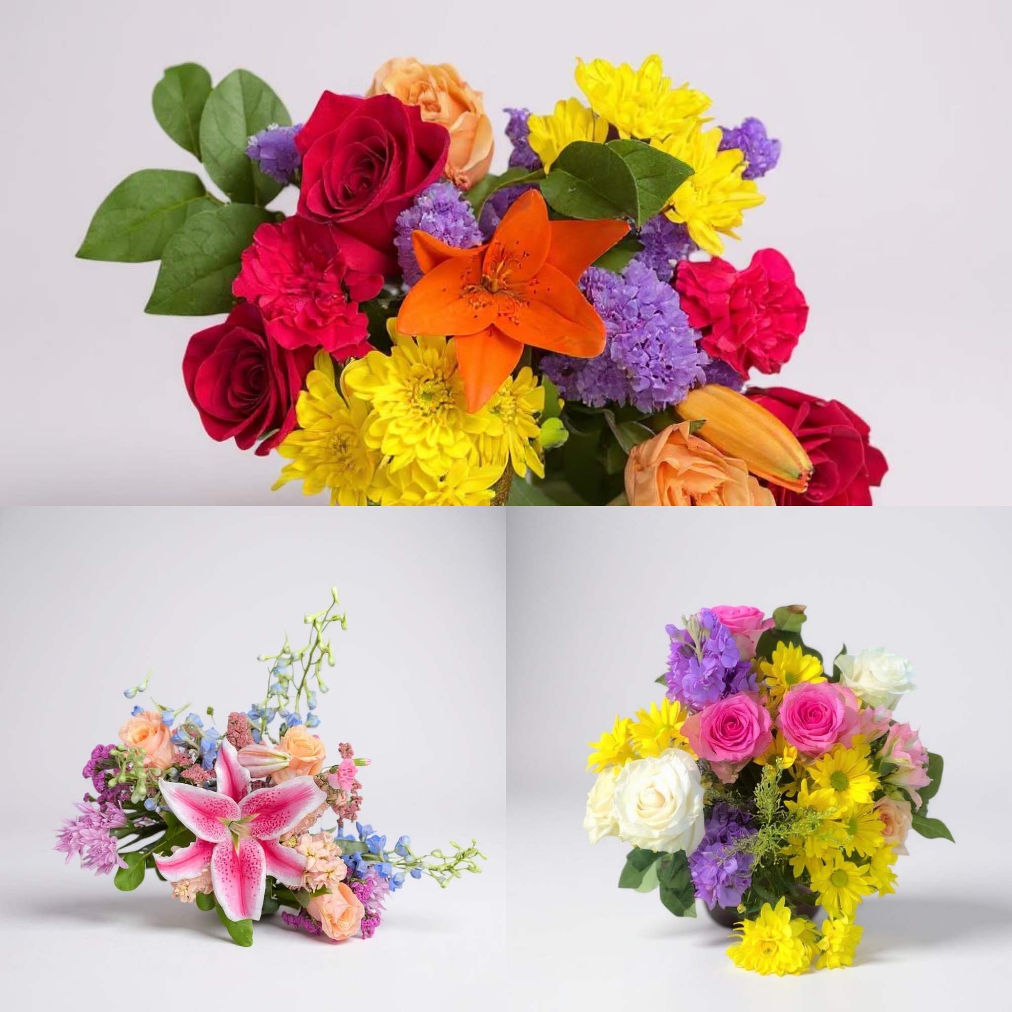 Three colorful mixed flower bouquets with roses, lilies, and daisies