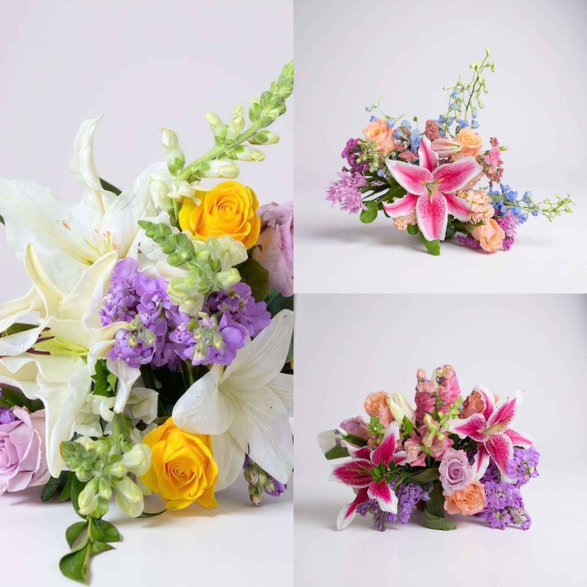 Three mixed floral bouquets with lilies, roses, and purple blooms