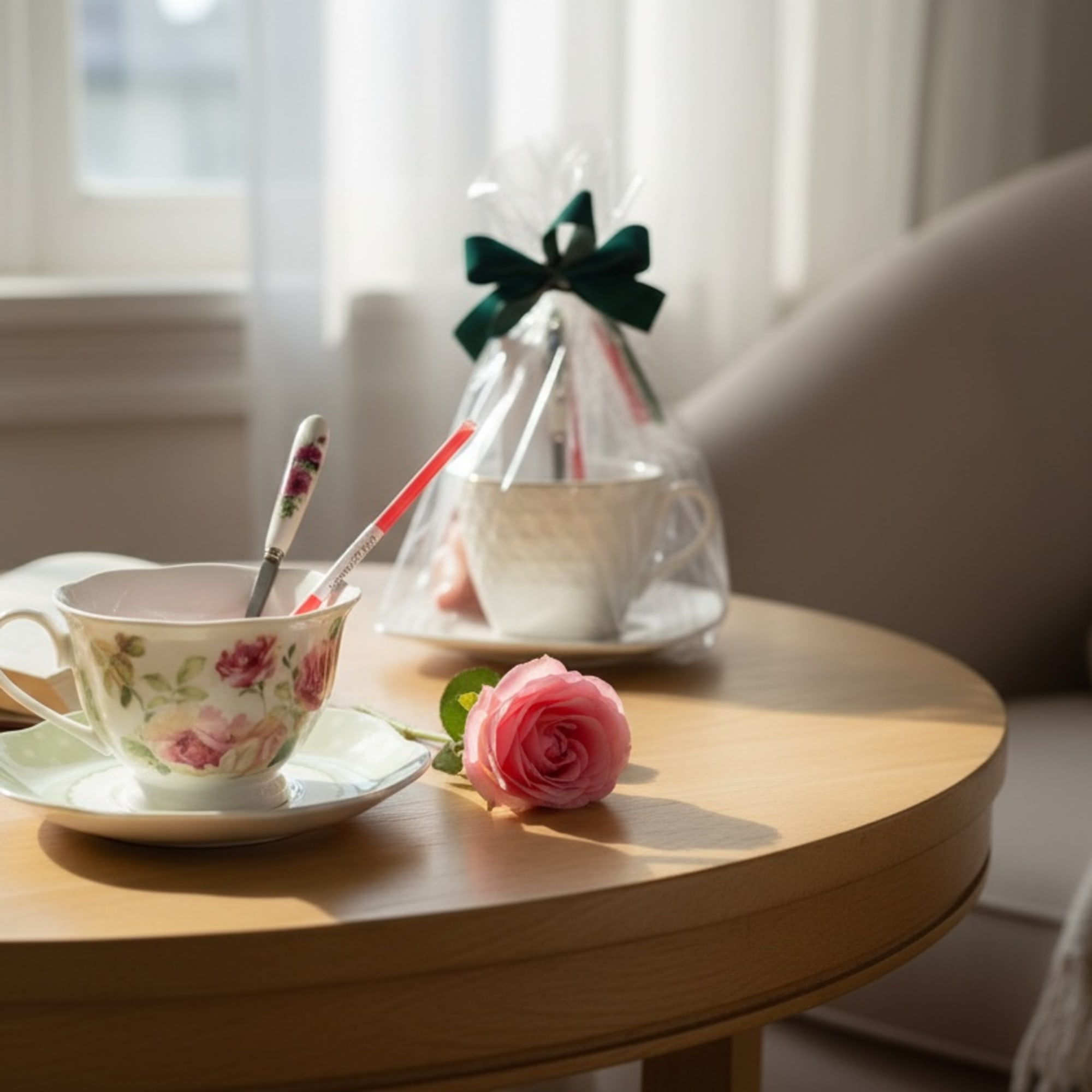 Pink rose on a table beside a floral teacup and saucer