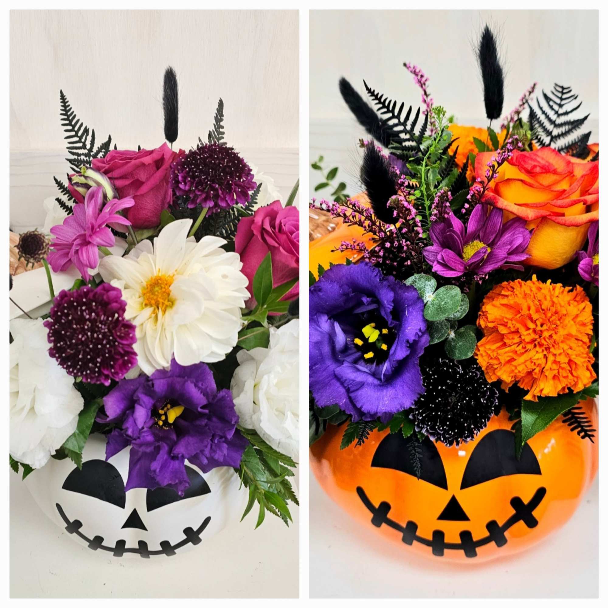 Halloween pumpkin containers filled with colorful flowers