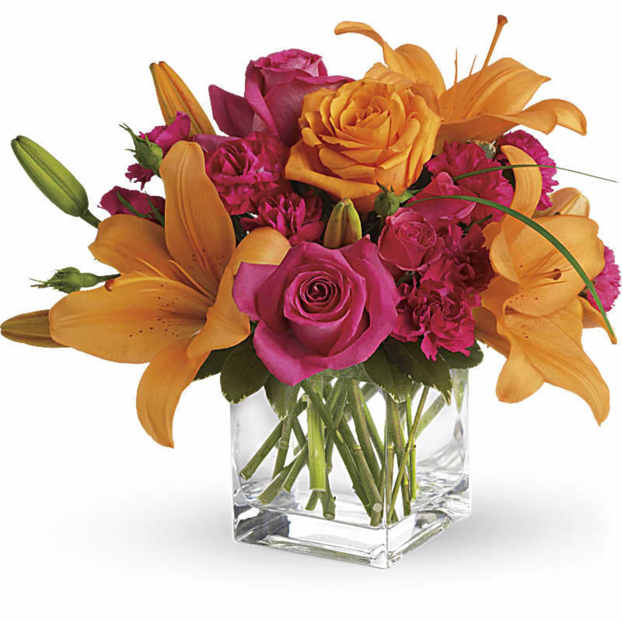 Pink roses and orange lilies arranged in a clear glass vase