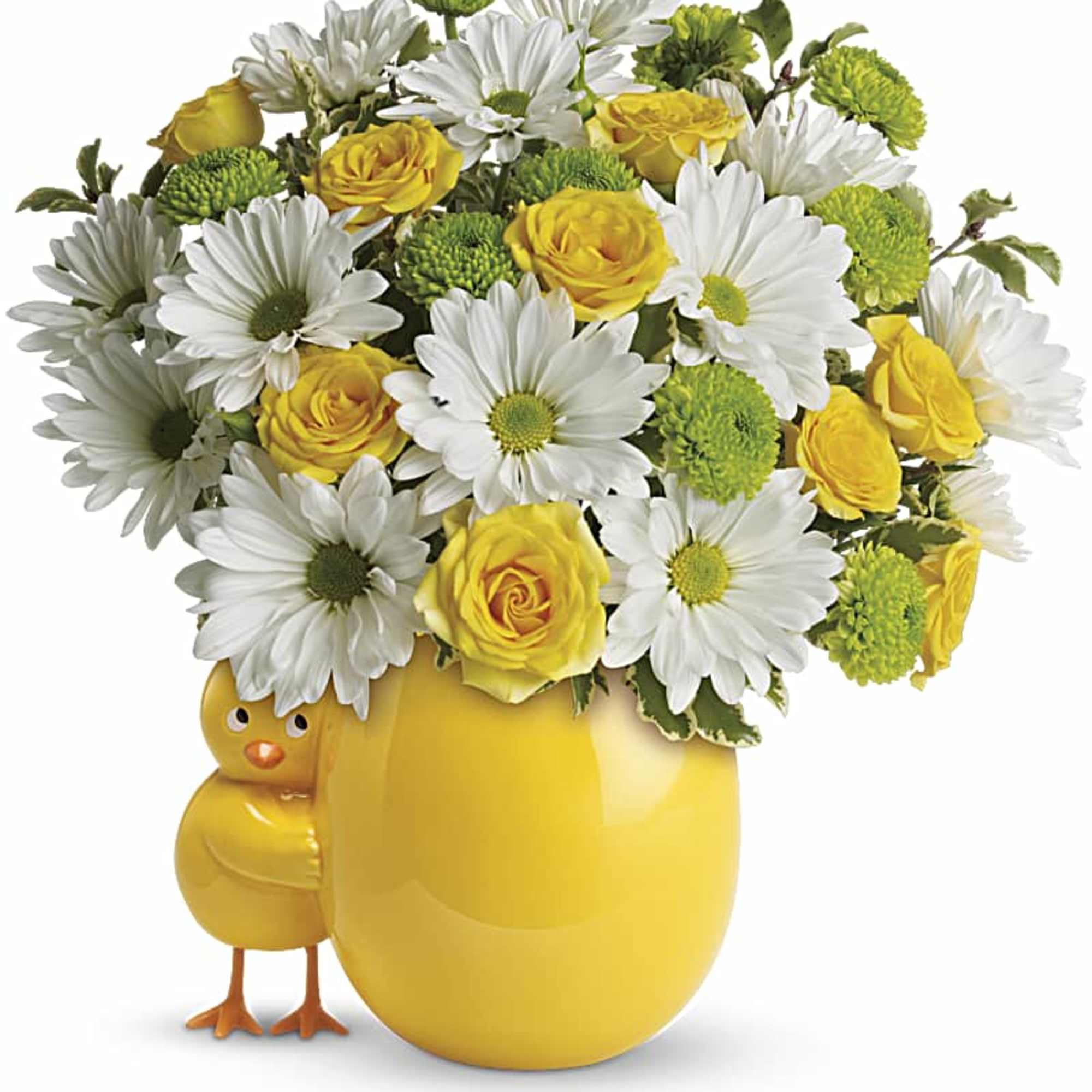 Yellow vase with white daisies and yellow roses, shaped like a chick