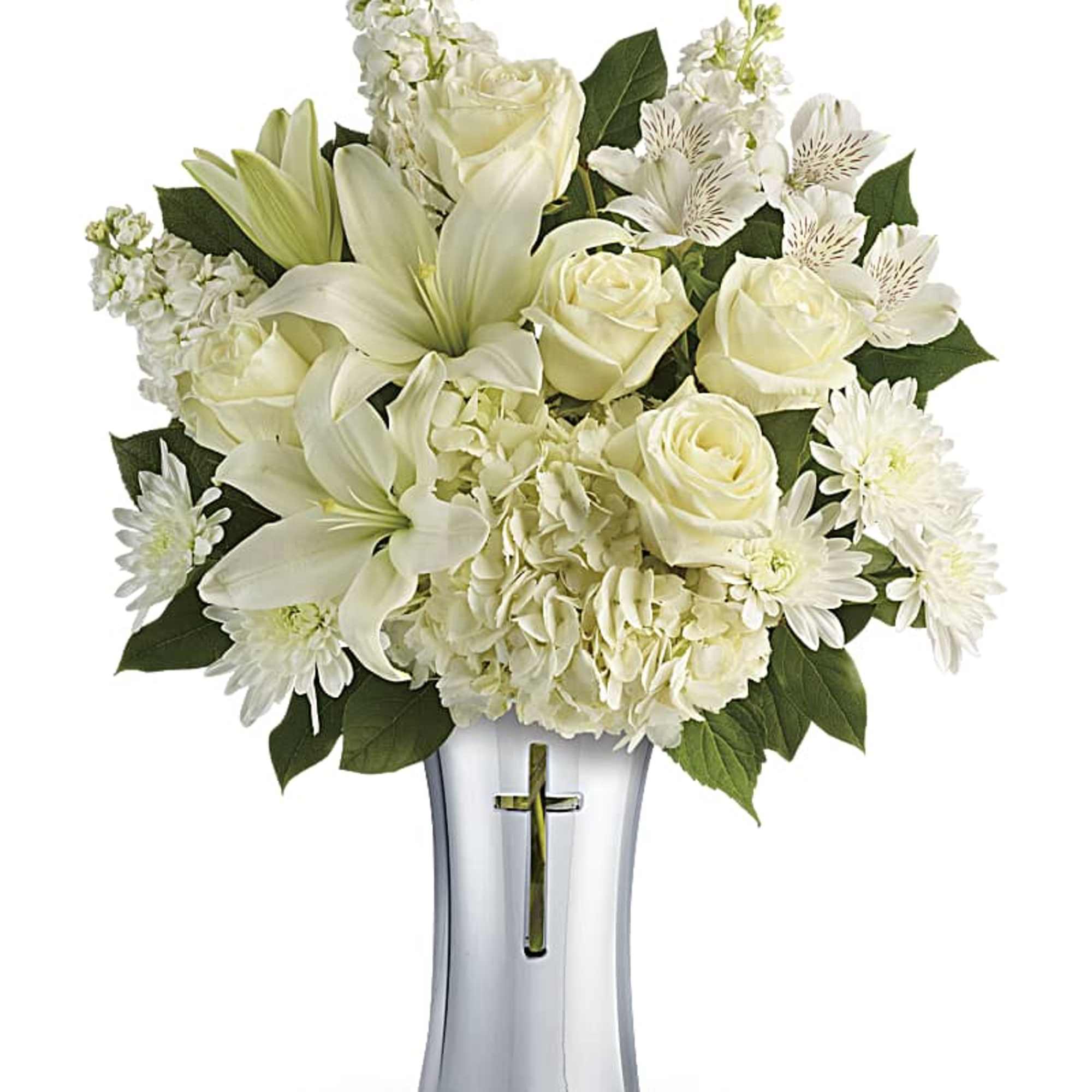 White floral arrangement in a silver vase with roses and lilies