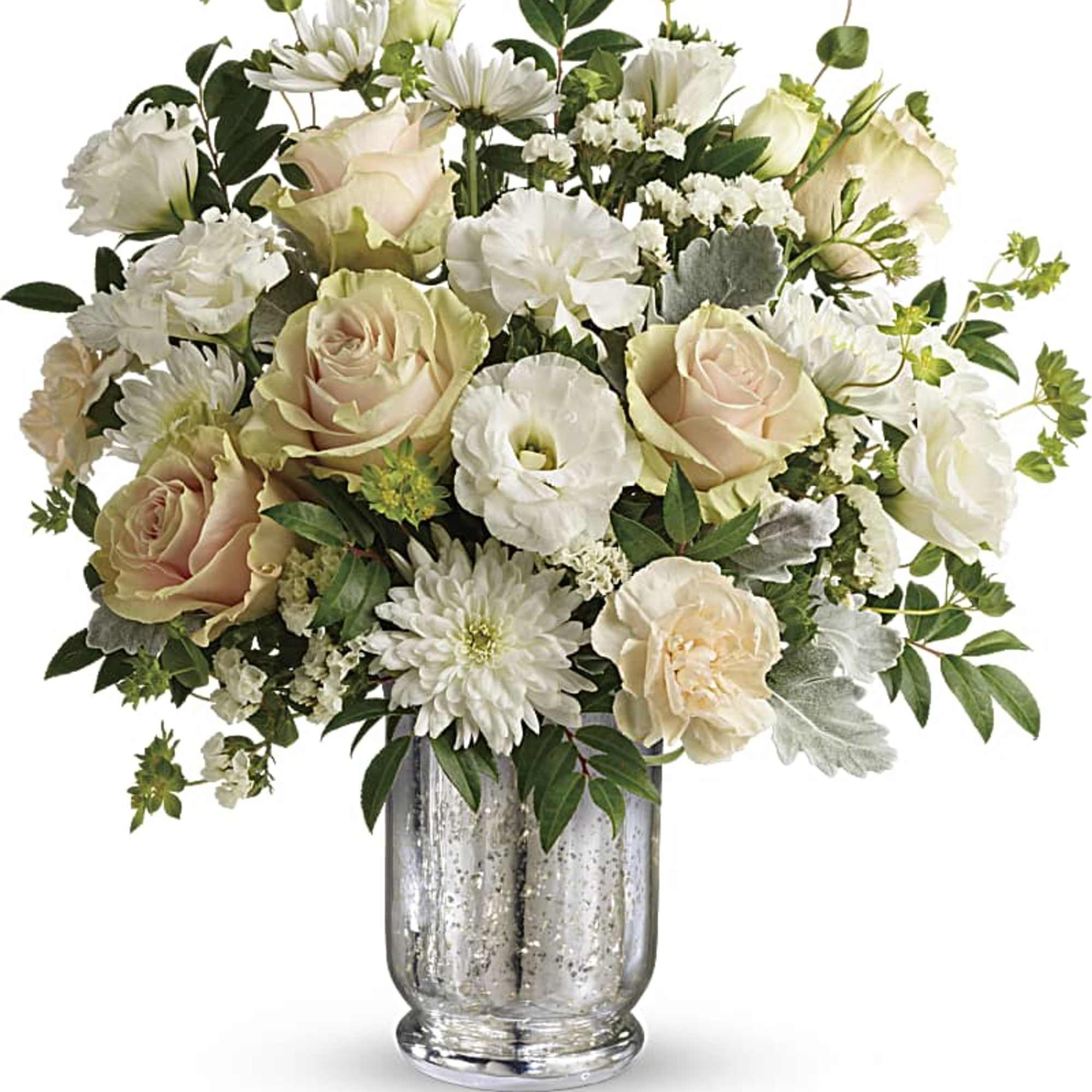 Timeless and touching, this serenely beautiful bouquet of peach and white blooms
