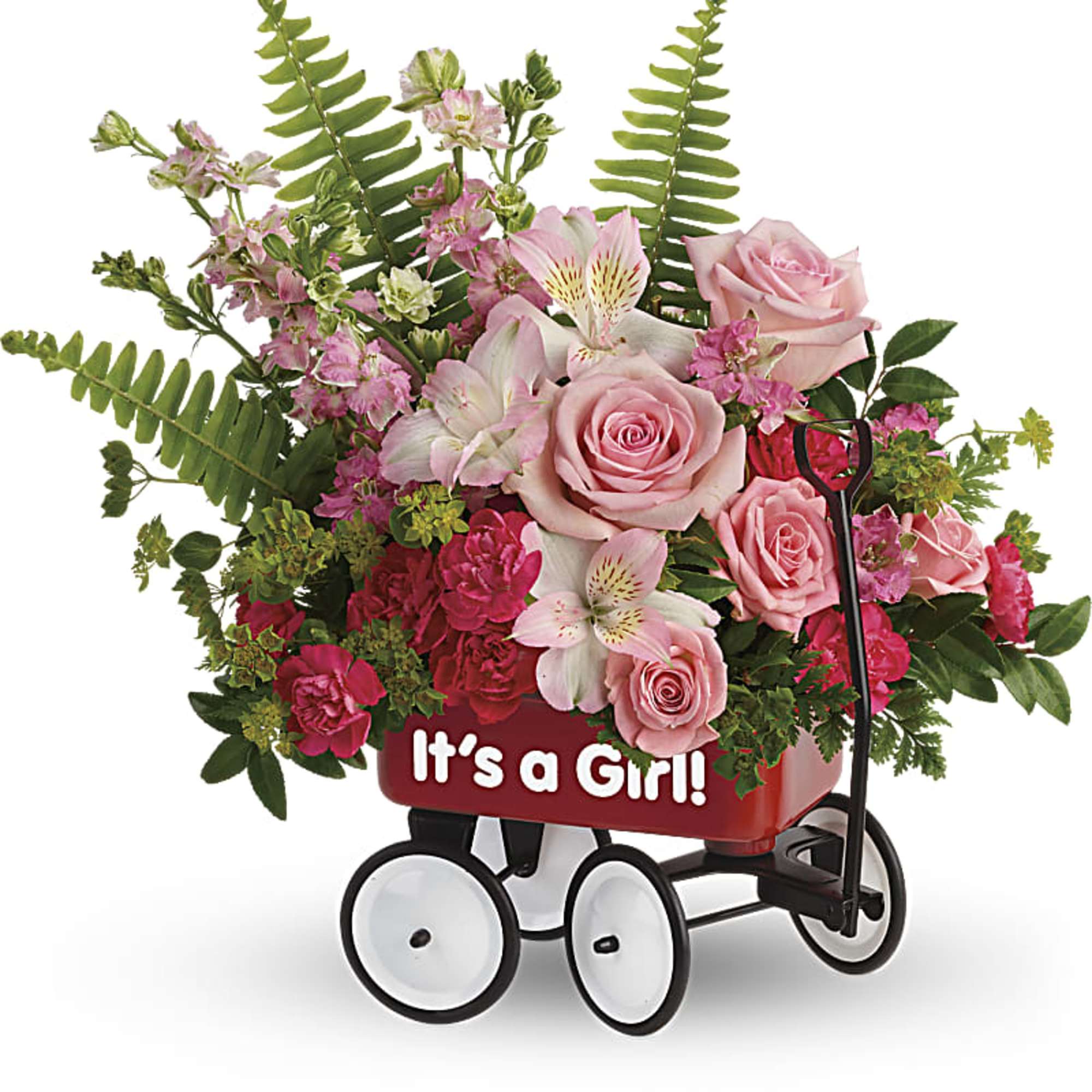Pink roses and lilies in a red wagon with "It's a Girl!" text