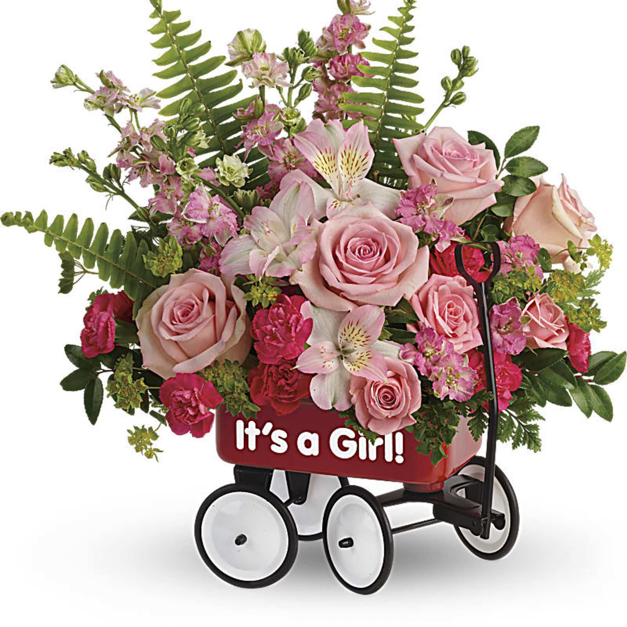 Pink roses and alstroemeria in a red wagon with "It's a Girl!" text
