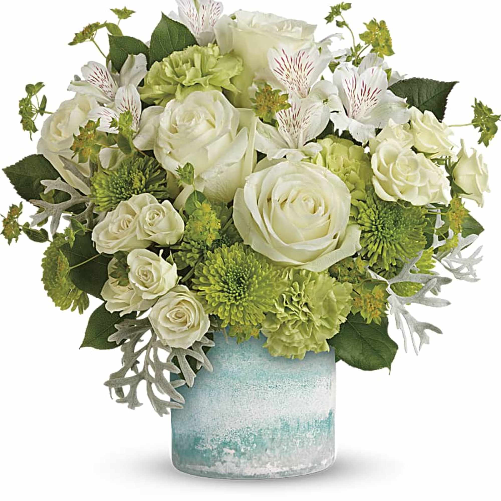 White roses and green flowers in a blue glass vase