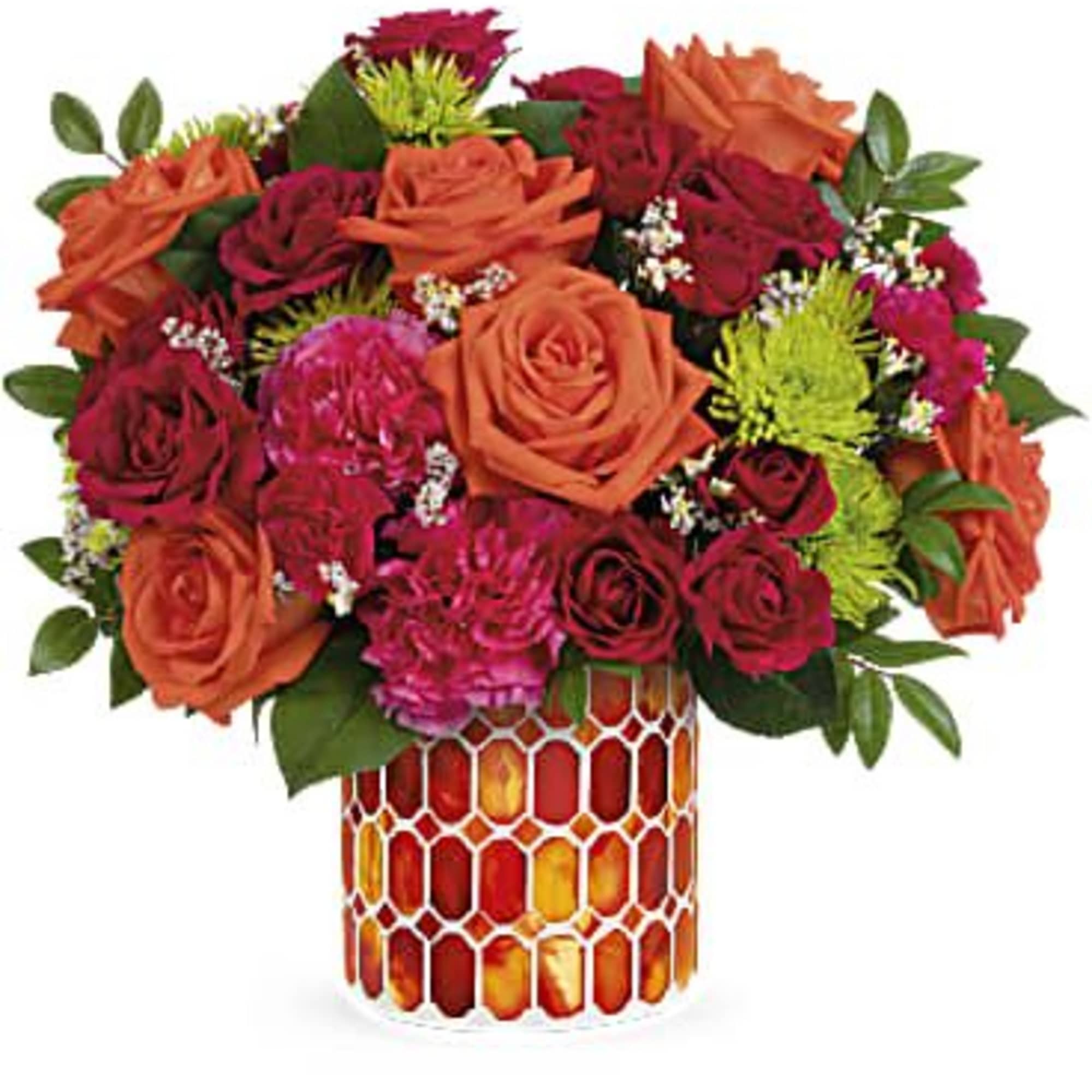 Bouquet of orange and deep red roses in a patterned vase