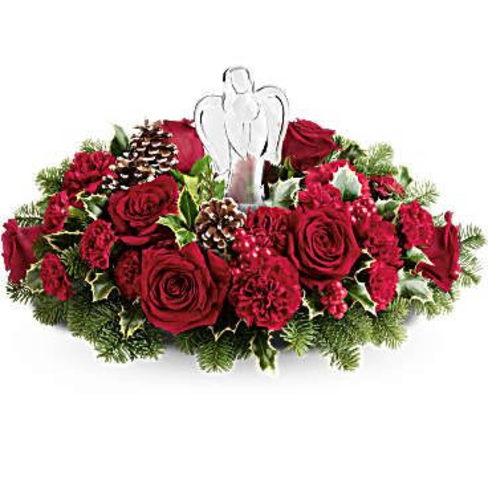 Red rose and carnation arrangement with an angel pick