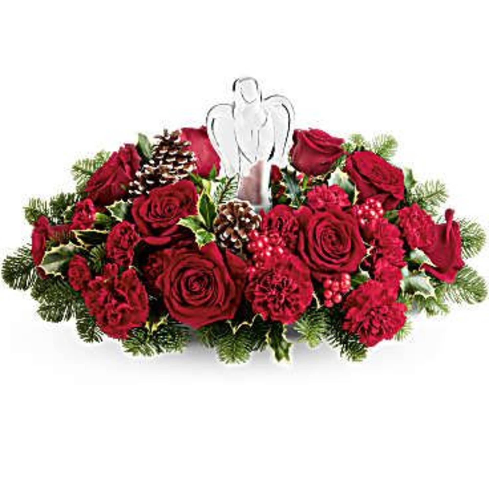Red rose centerpiece with pinecones and an angel figurine