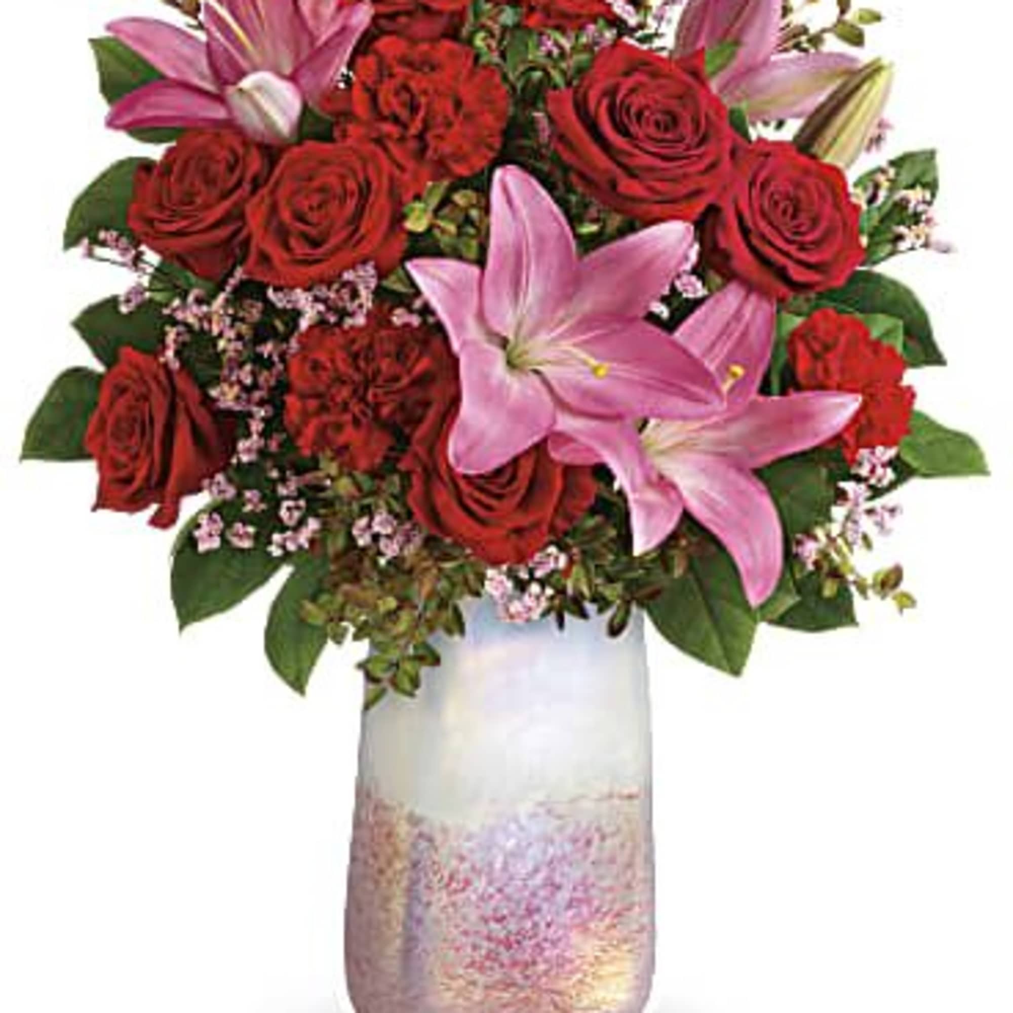 Red roses and pink lilies arranged in a tall vase