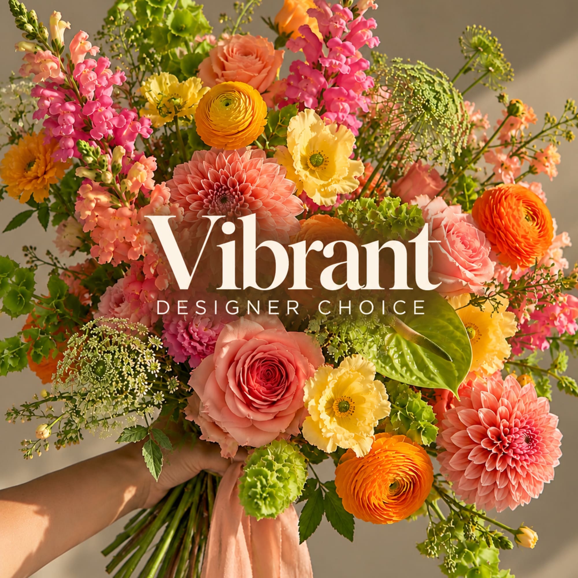 Handheld bouquet of pink, peach, yellow, and orange flowers with a ribbon tie