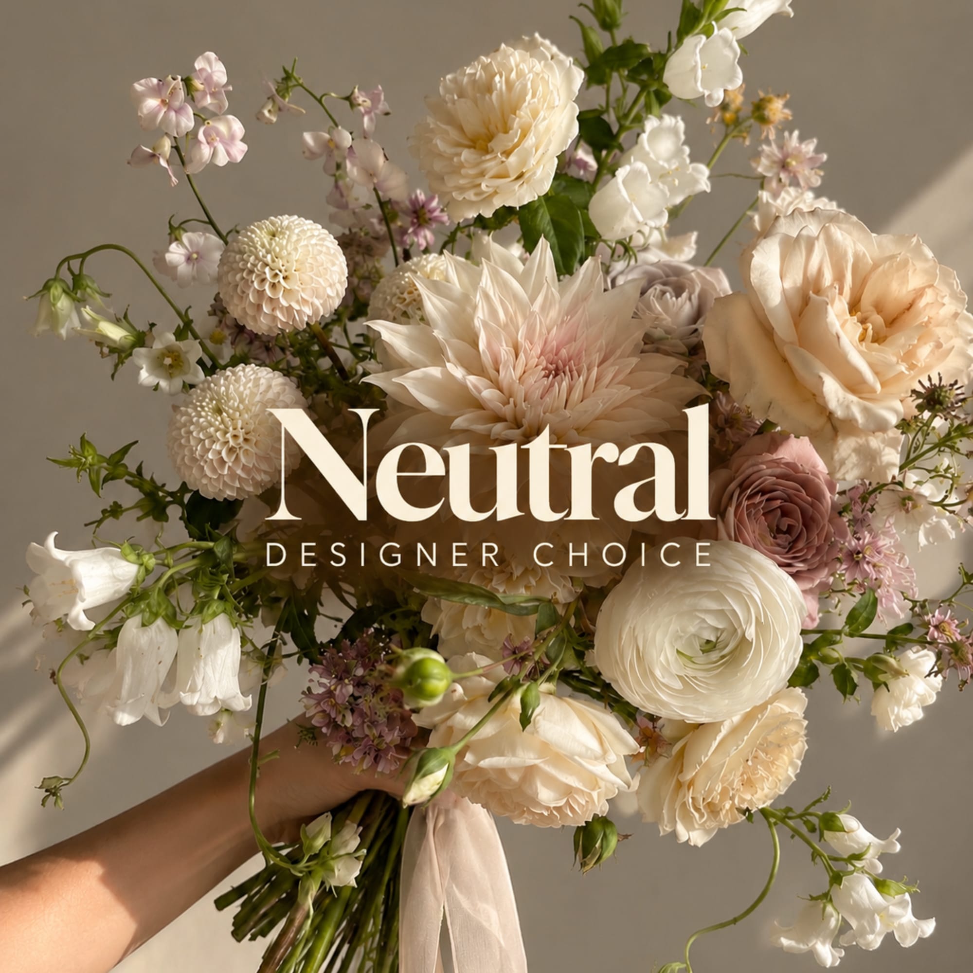 Neutral-toned bouquet of cream and blush flowers with a ribbon tie