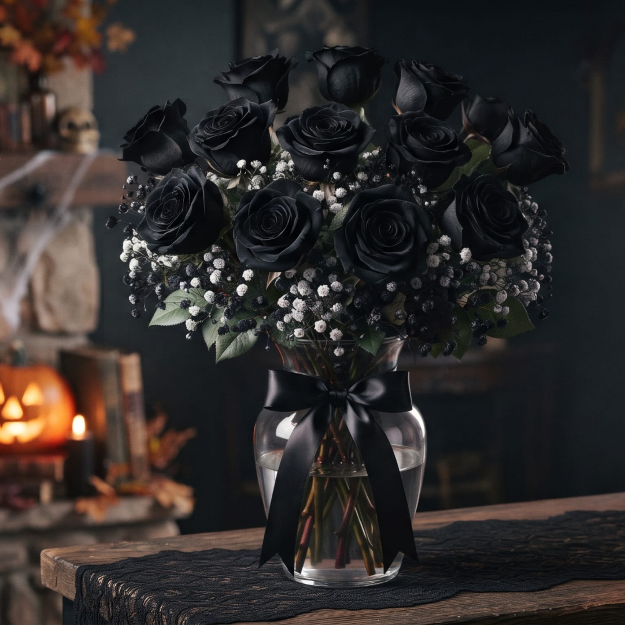 Black rose bouquet in a clear glass vase with a black ribbon