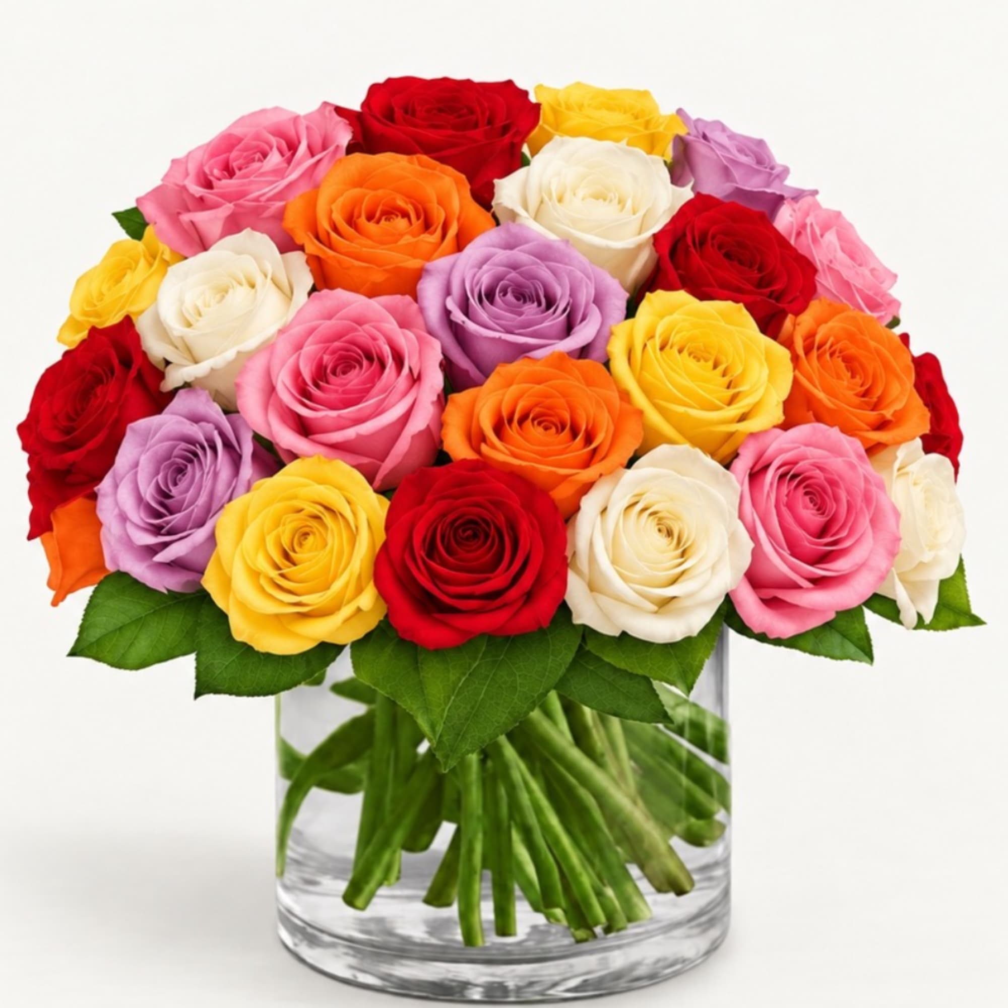 Mixed-color roses arranged in a clear glass vase