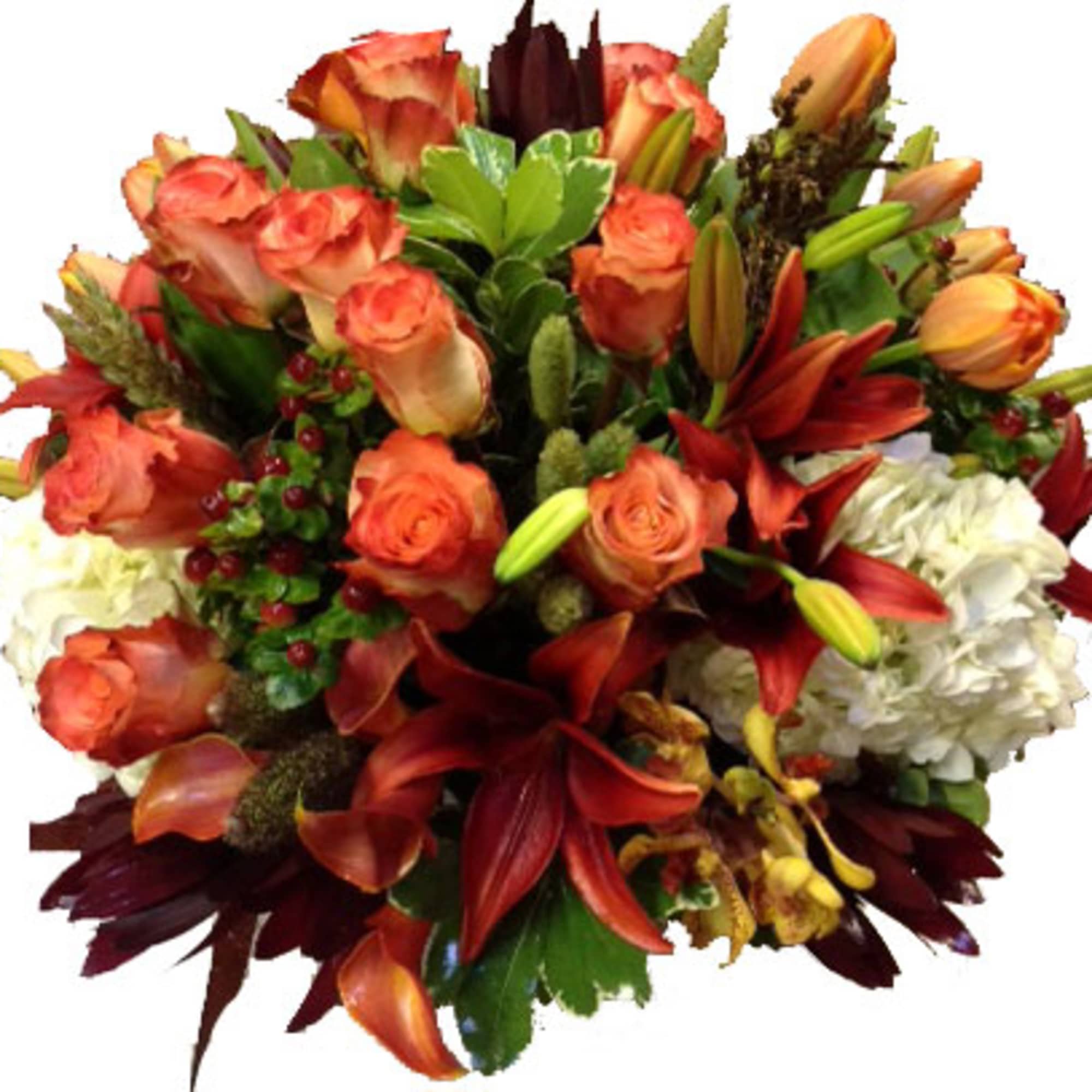 Bouquet of orange roses, red lilies, and white hydrangeas