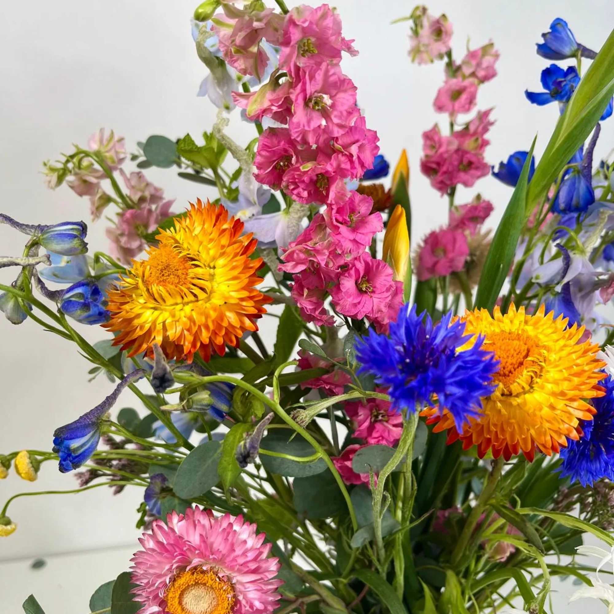 Mixed bouquet with pink, blue, and orange flowers in a vase