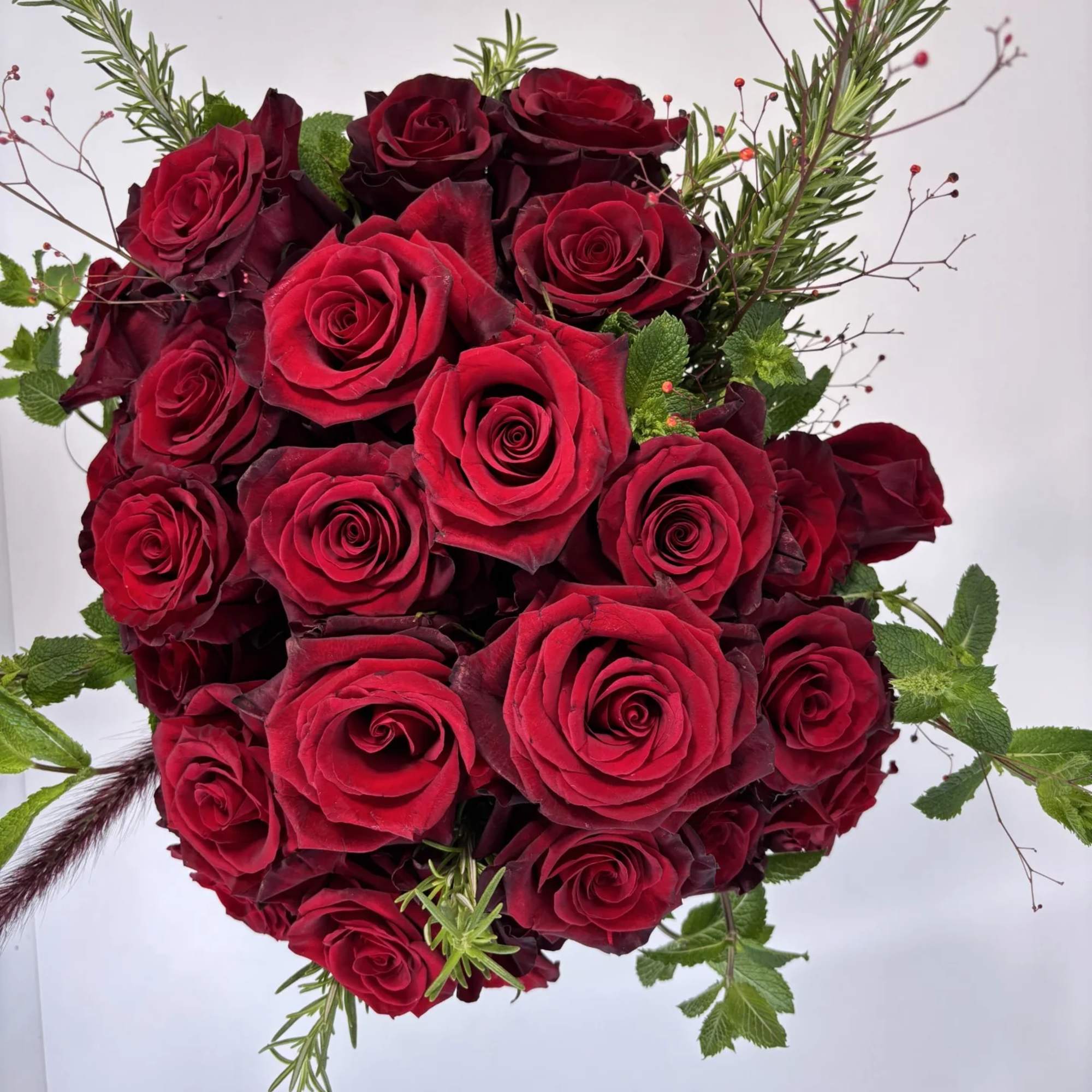 Bouquet of deep red roses with sprigs of greenery on a white background
