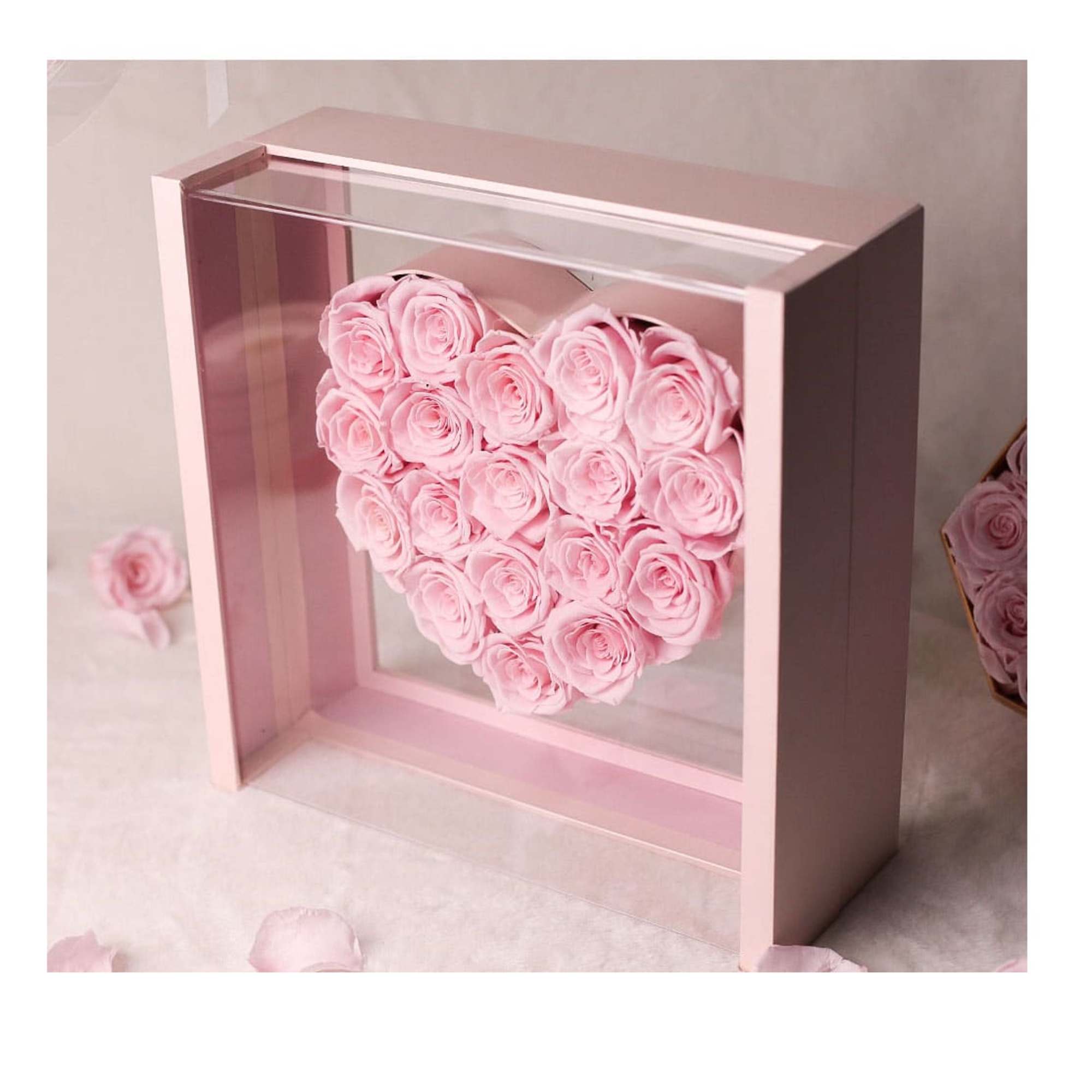 Pink rose heart in a clear display box