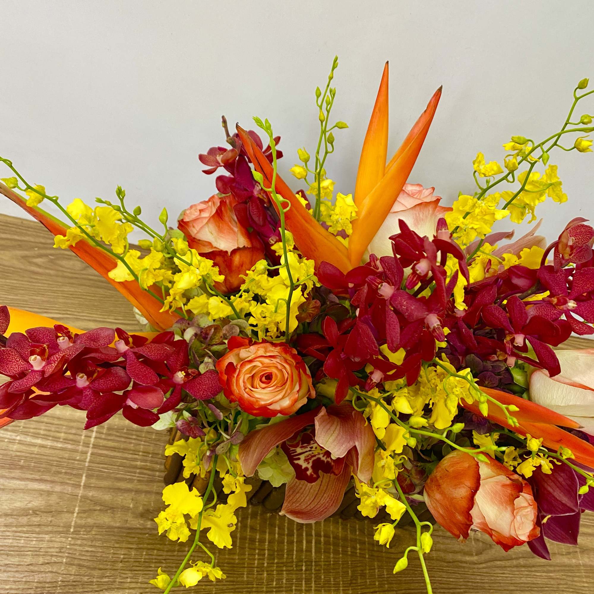 Bright bouquet with orange, red, and yellow flowers