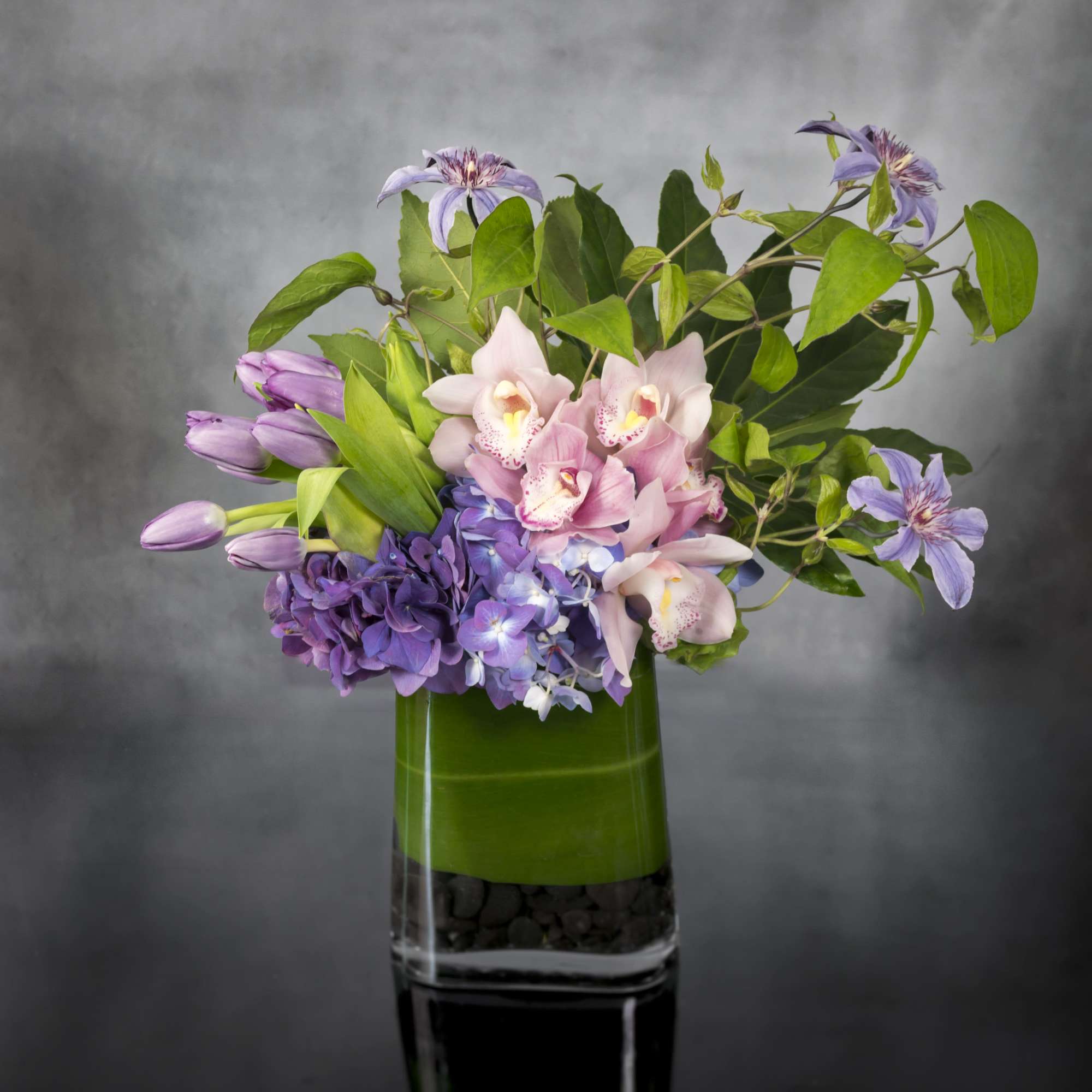 Express your love with this beautiful floral collage of lavender Tulips, pink
