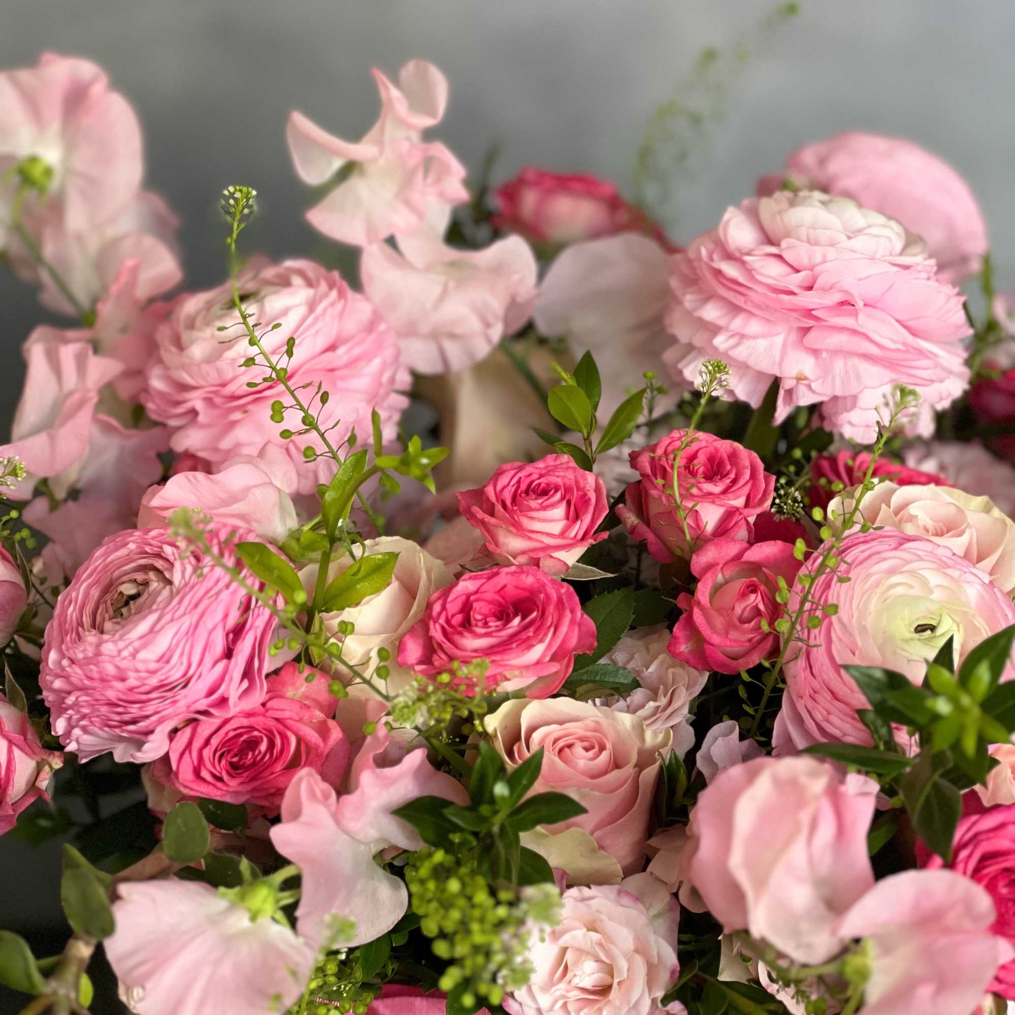 A gorgeous collection of Imported Sweet peas , Dutch Ranunculus and Roses, photo 3 of 4