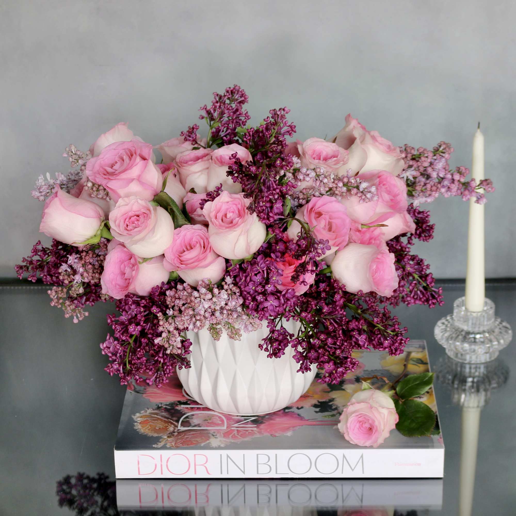 "Lilac &amp; Rose Paradise" consists of purple Lilacs and pink Roses all