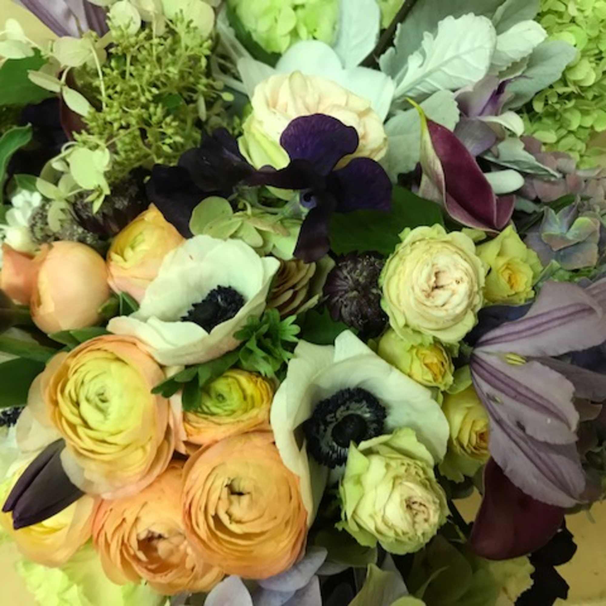 Stylish medley in purple, peach, white and green hues, presented in a, photo 7 of 8