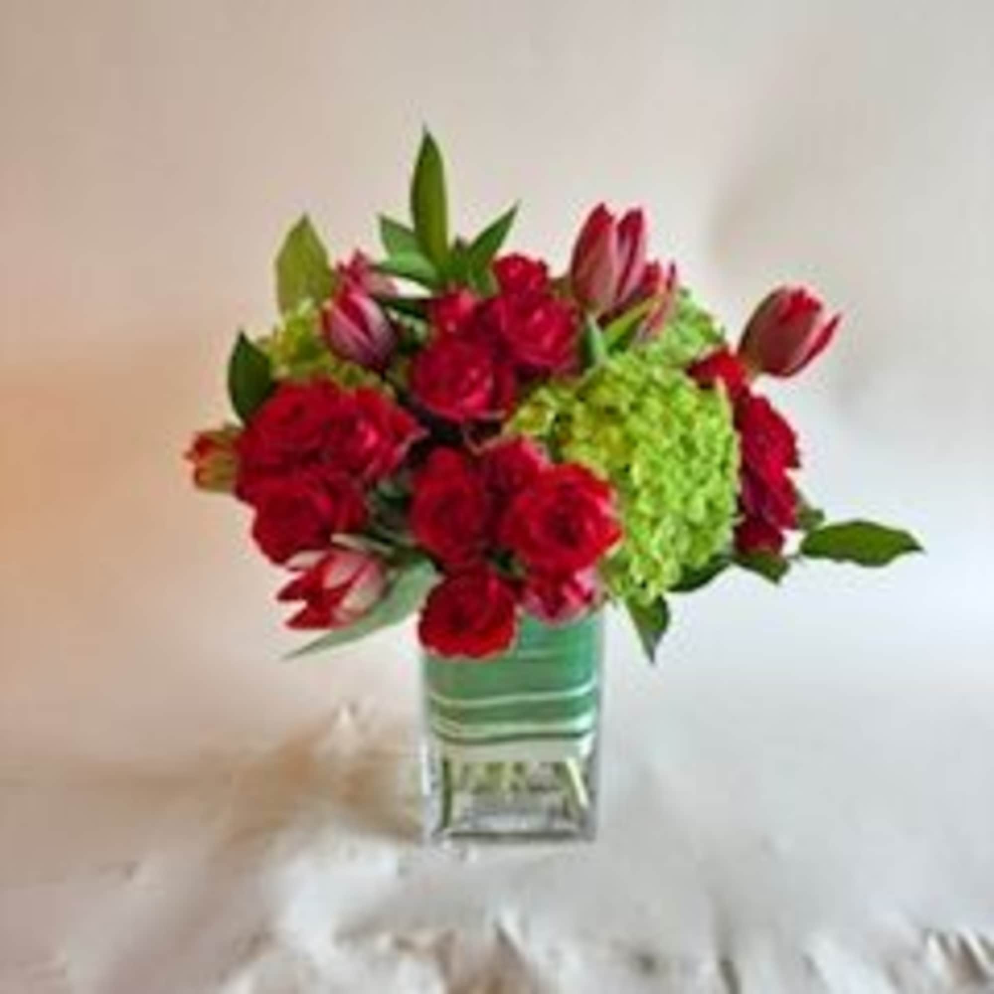 16 red tulips with 6-8 stems of spray roses for a total, photo 2 of 3