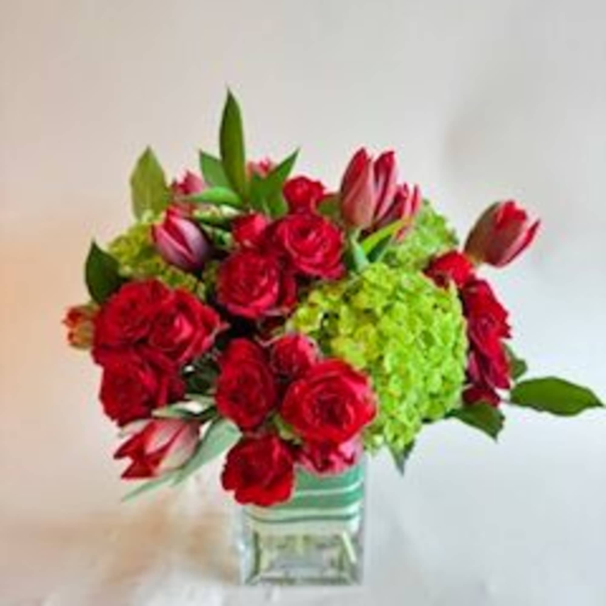 16 red tulips with 6-8 stems of spray roses for a total, photo 3 of 3