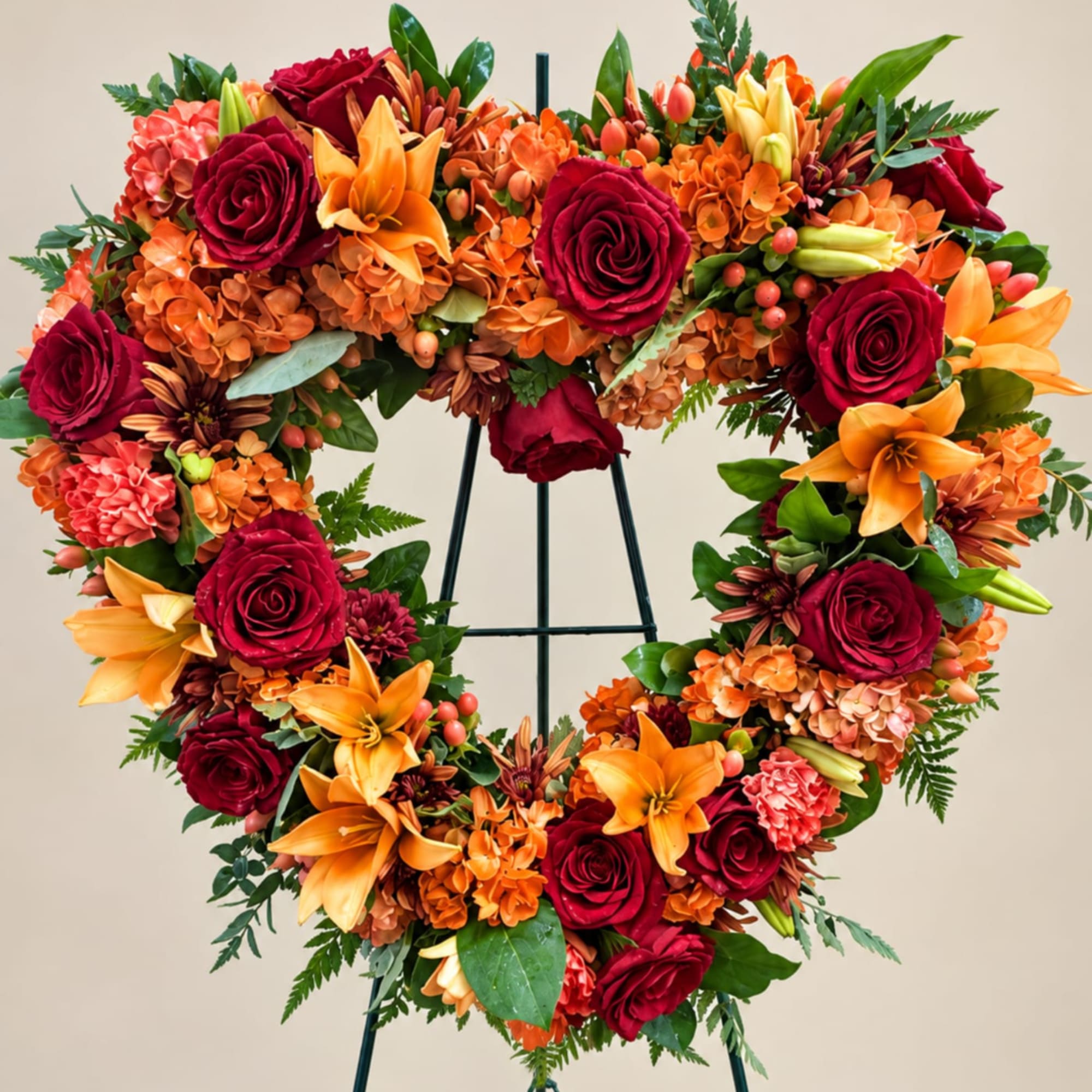 Heart-shaped floral wreath with red roses, orange lilies, and orange hydrangeas