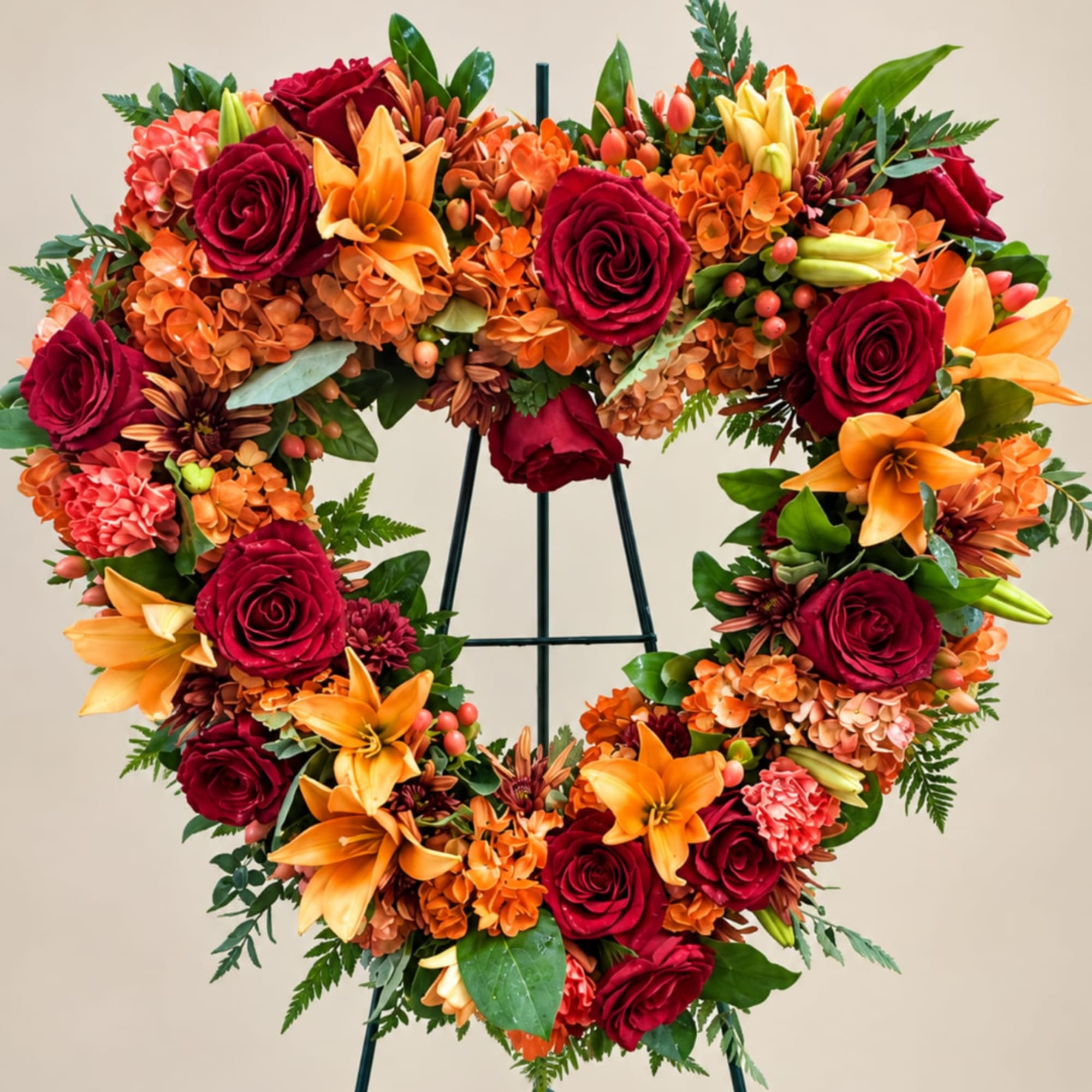 Heart-shaped floral wreath with red roses, orange lilies, and orange hydrangeas