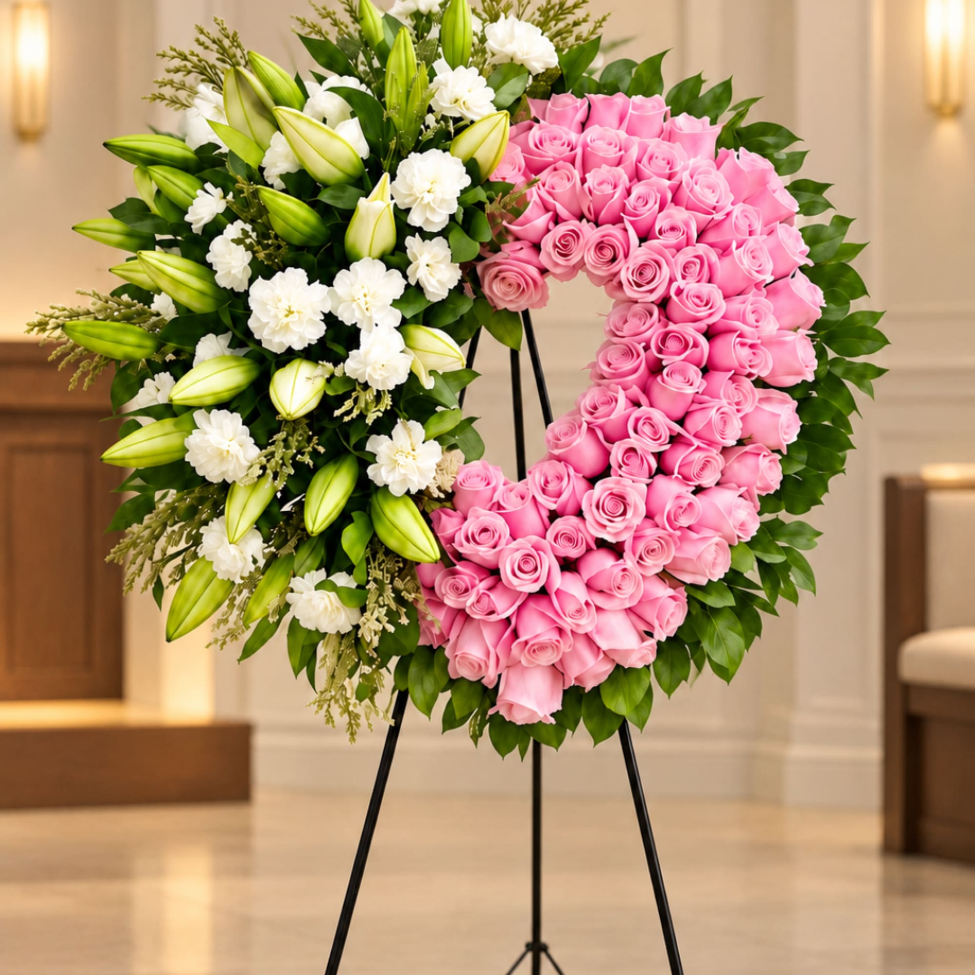 Heart-shaped floral wreath with pink roses, white lilies, and white carnations on a stand