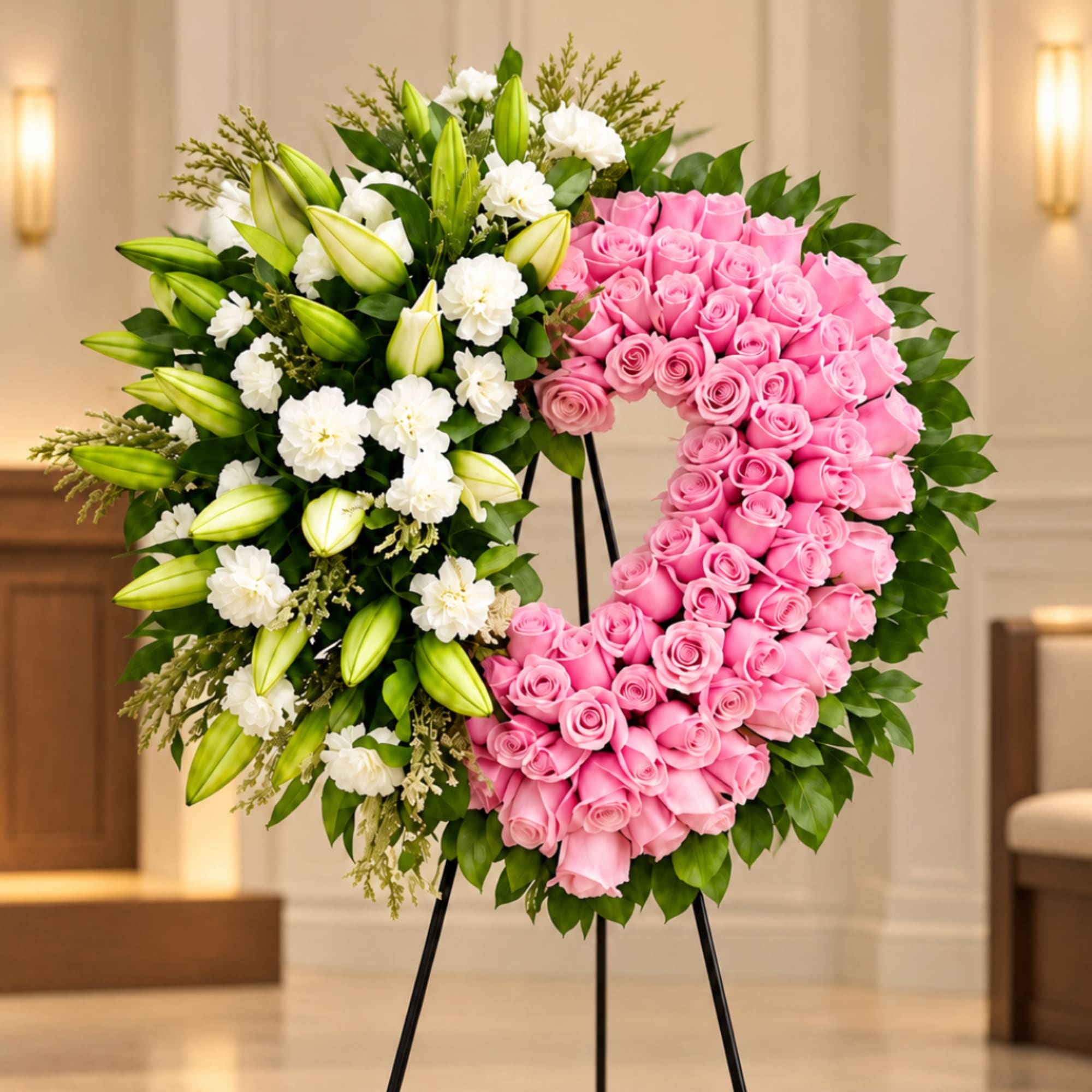 Heart-shaped floral wreath with pink roses, white lilies, and white carnations