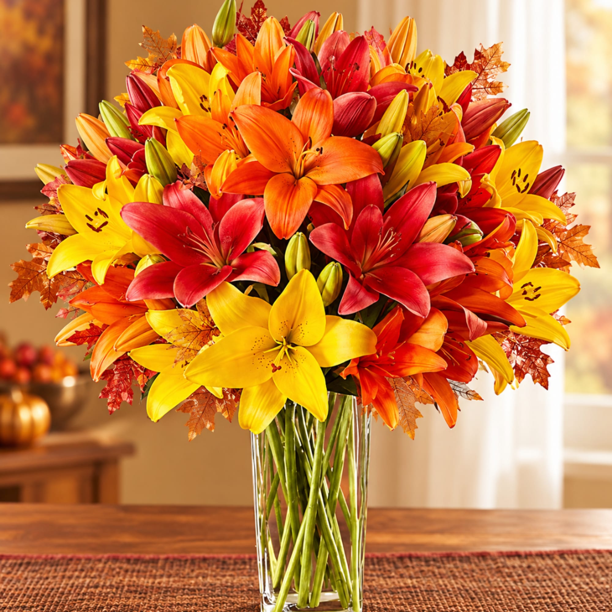 Bouquet of red, orange, and yellow lilies in a clear glass vase