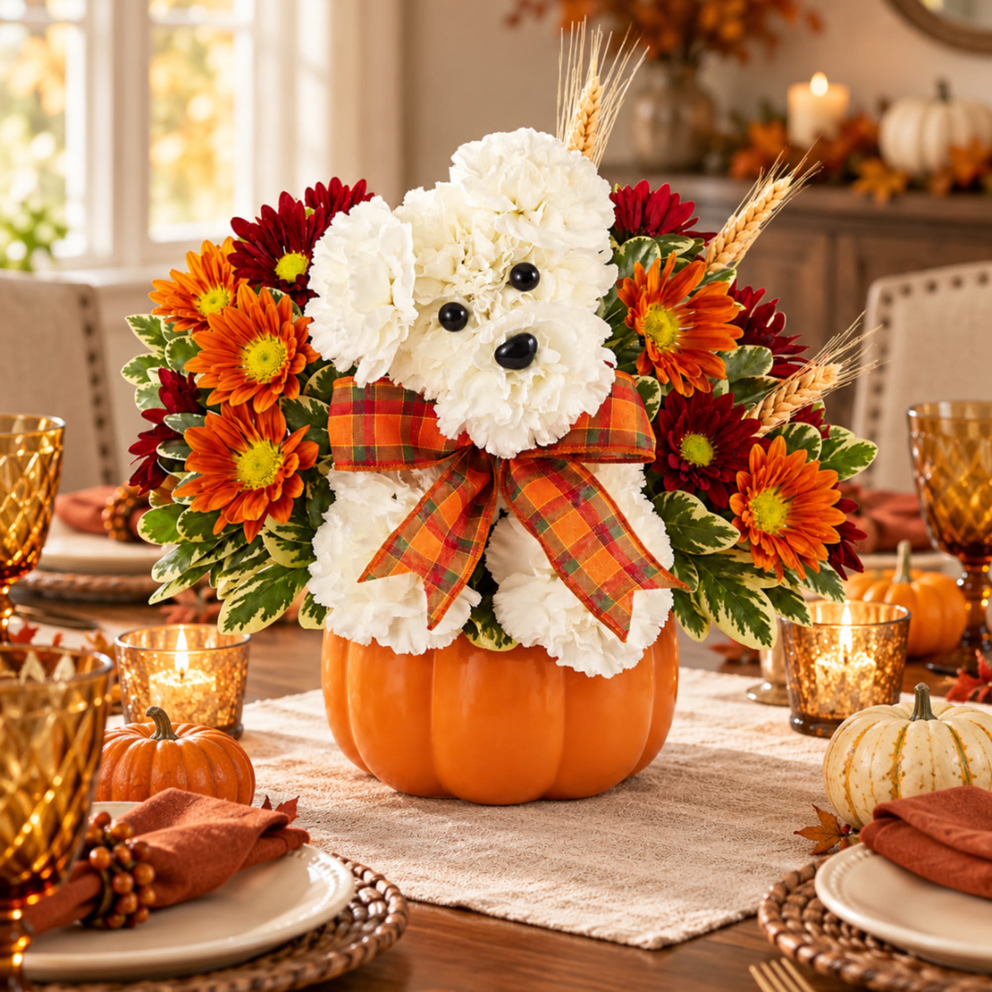 White teddy bear arrangement in a pumpkin vase with orange and red flowers