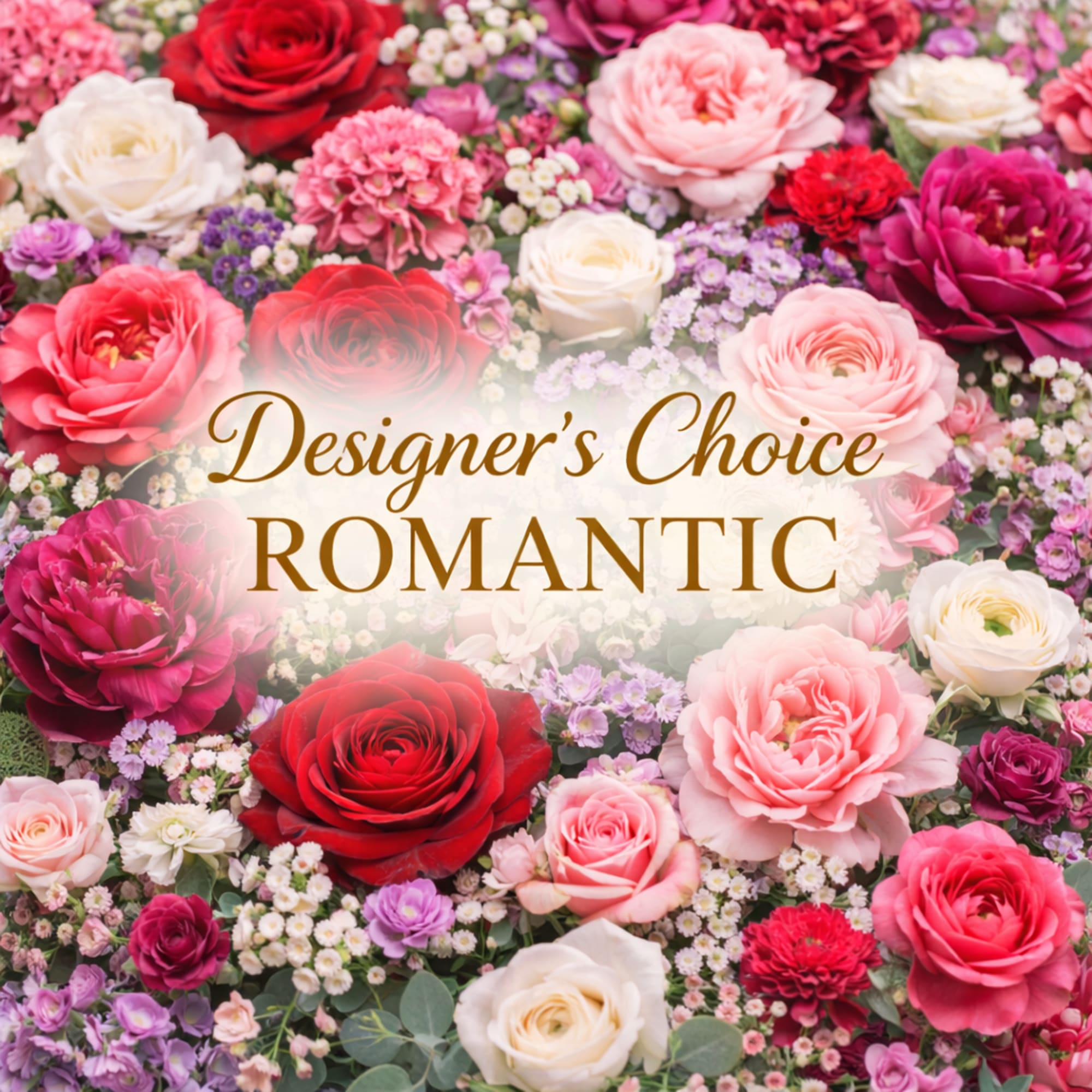 Flatlay of red, pink, and white roses with romantic designer's choice text overlay