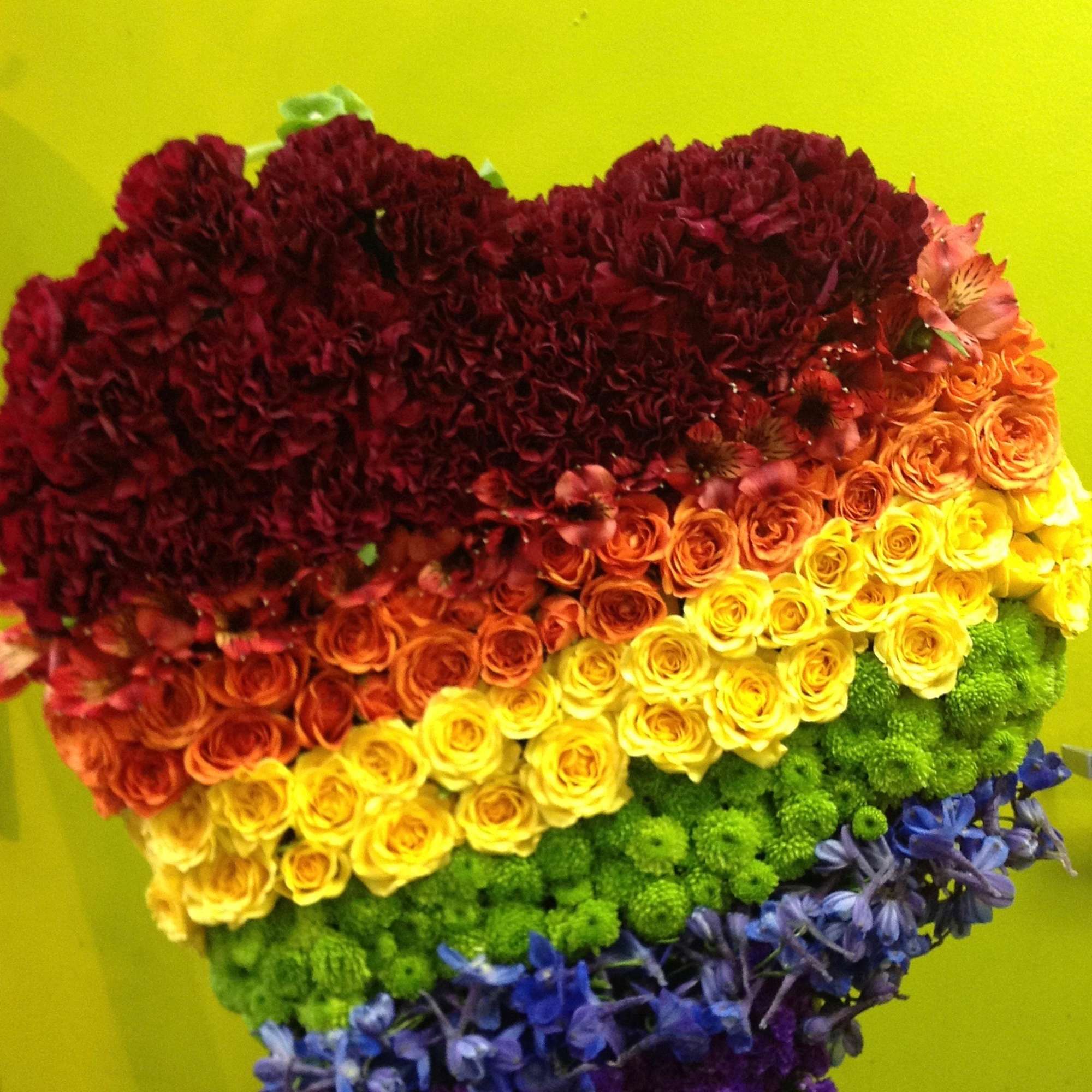 Rainbow-striped floral heart arrangement with roses and carnations