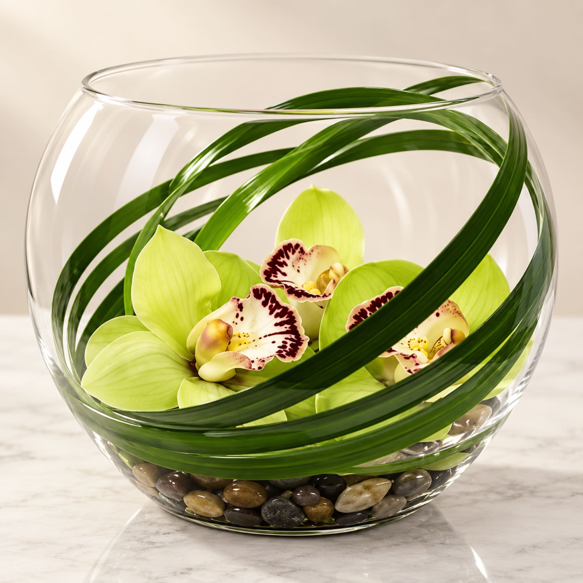 Green orchids arranged in a clear glass bowl with decorative stones