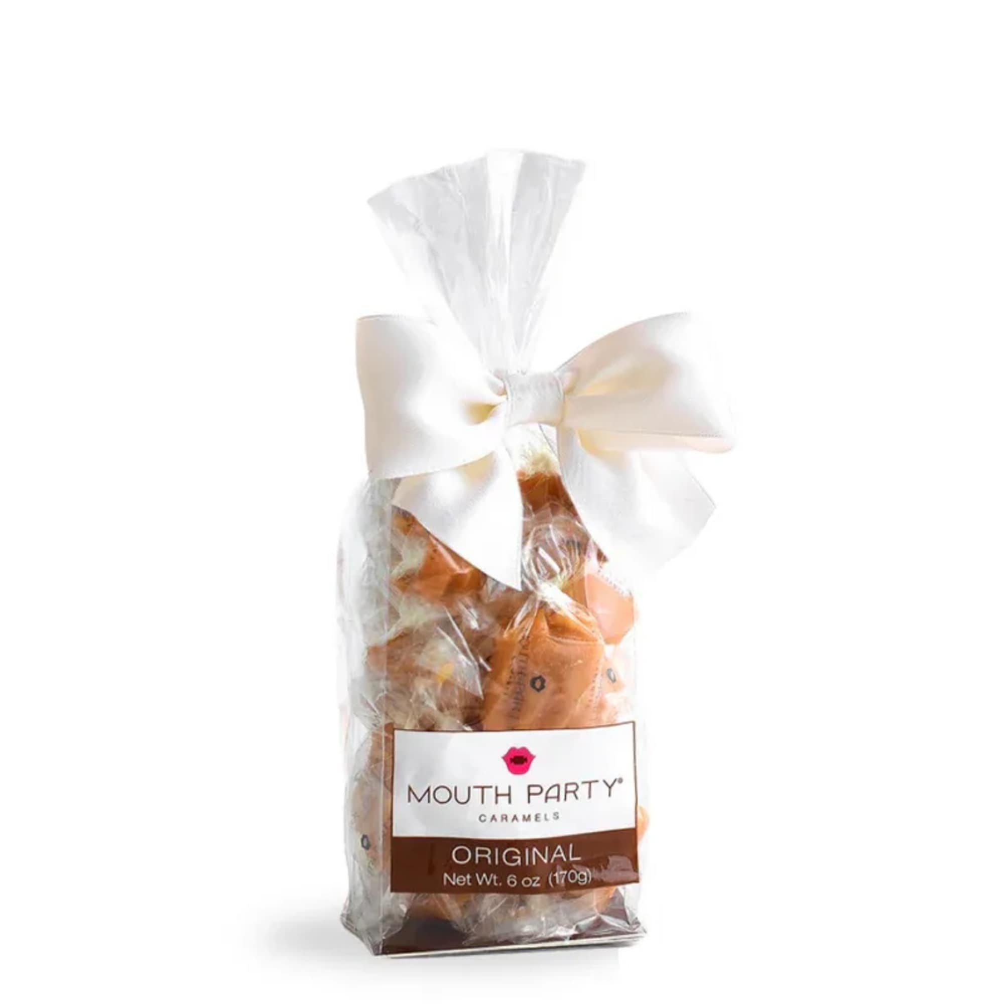 Bag of caramel candies tied with a white ribbon