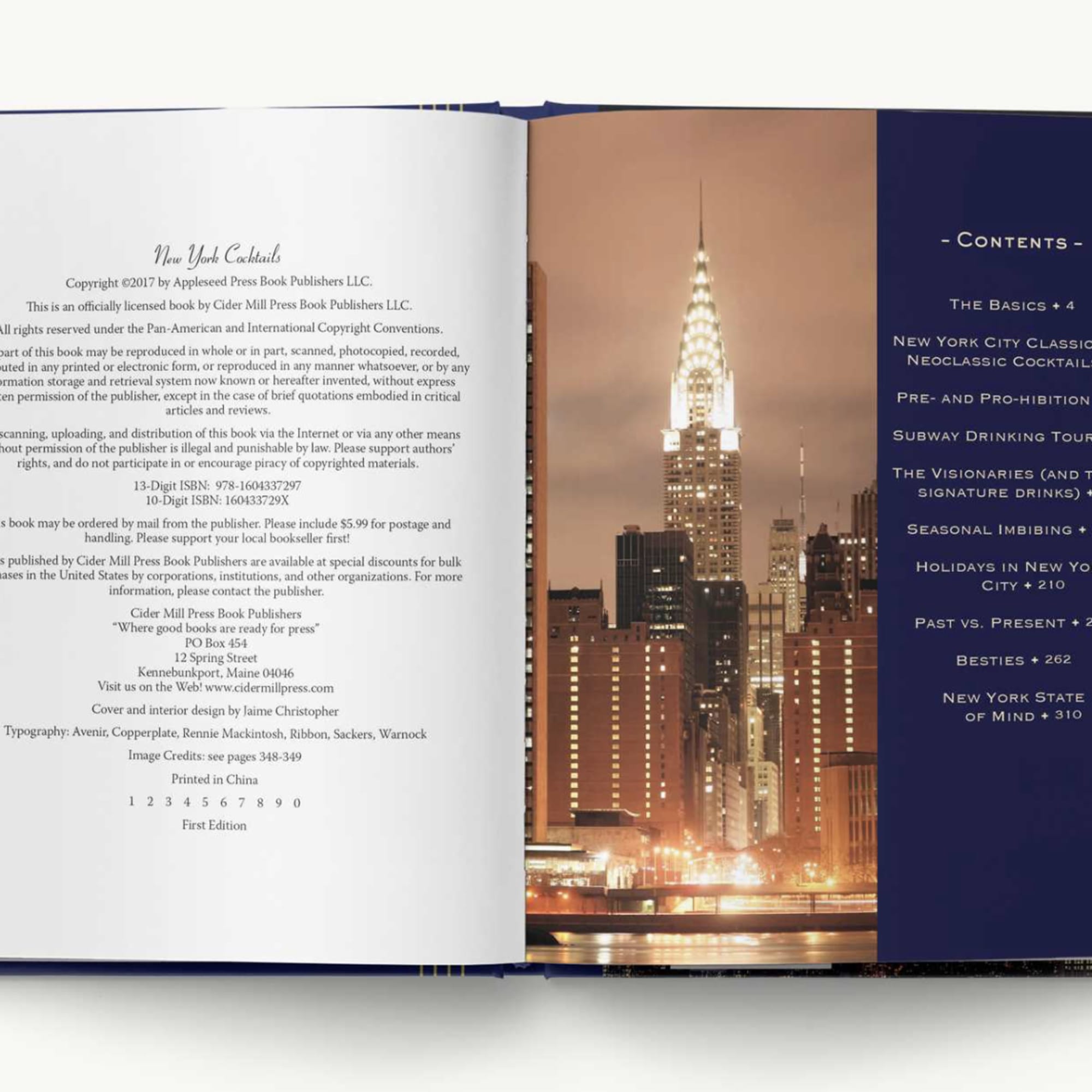 Open book showing copyright page and New York skyline contents page