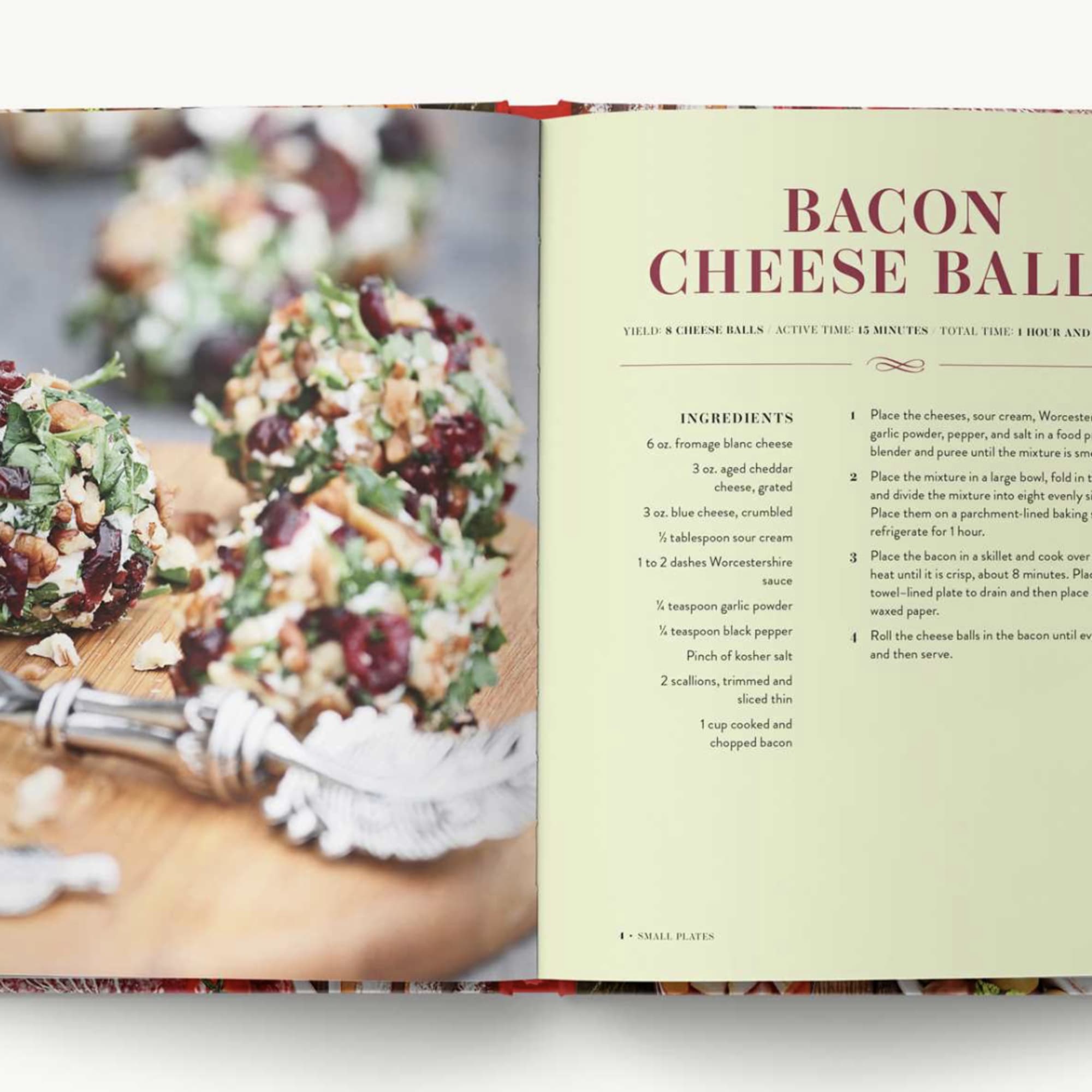 Open cookbook showing bacon cheese balls on a serving board
