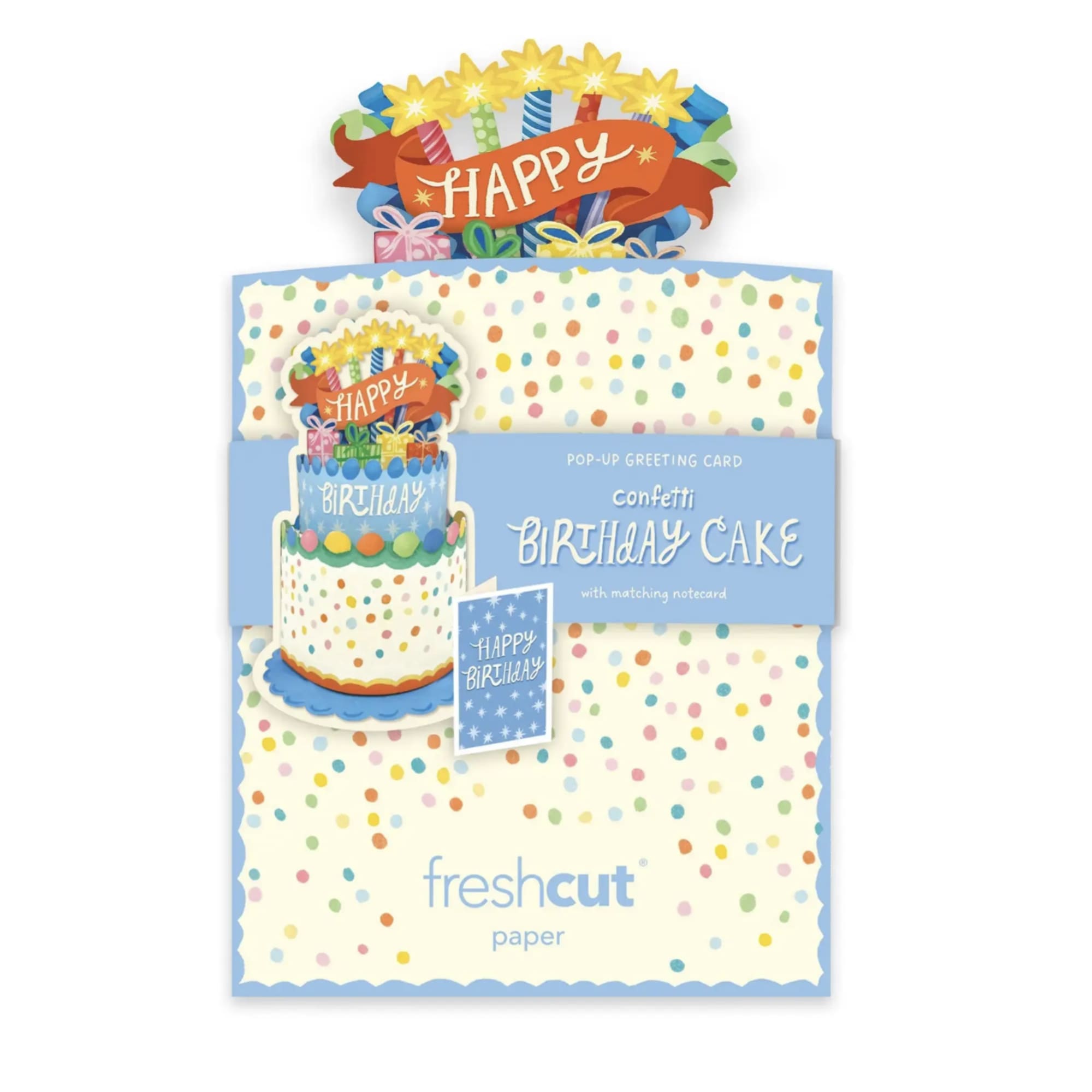 Pop-up birthday card shaped like a cake with confetti dots