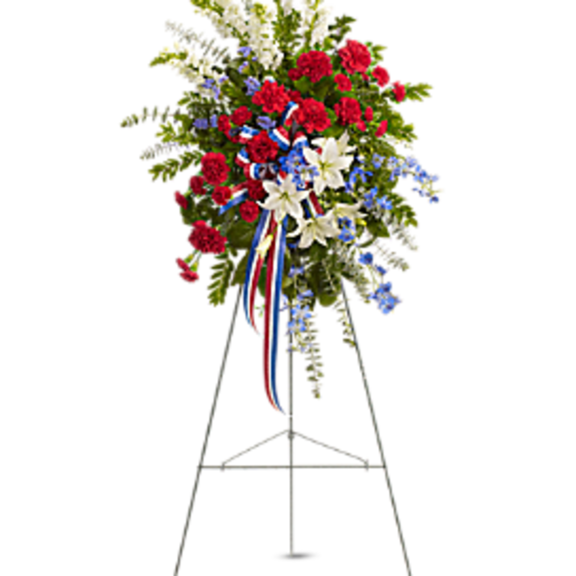 Standing floral spray with red, white, and blue flowers on an easel