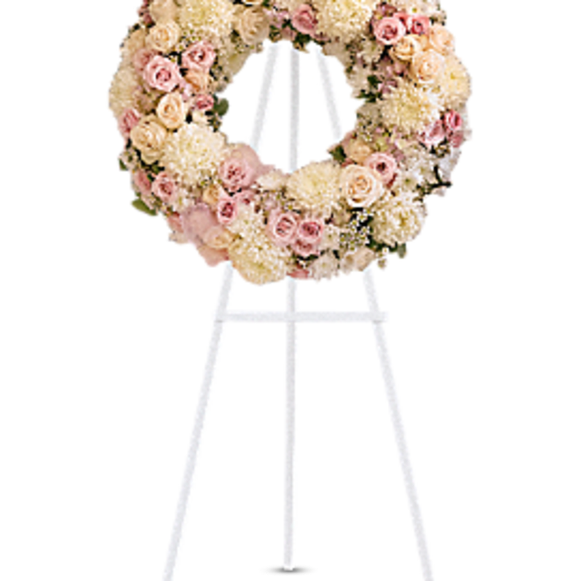 Pastel floral wreath on a white easel stand