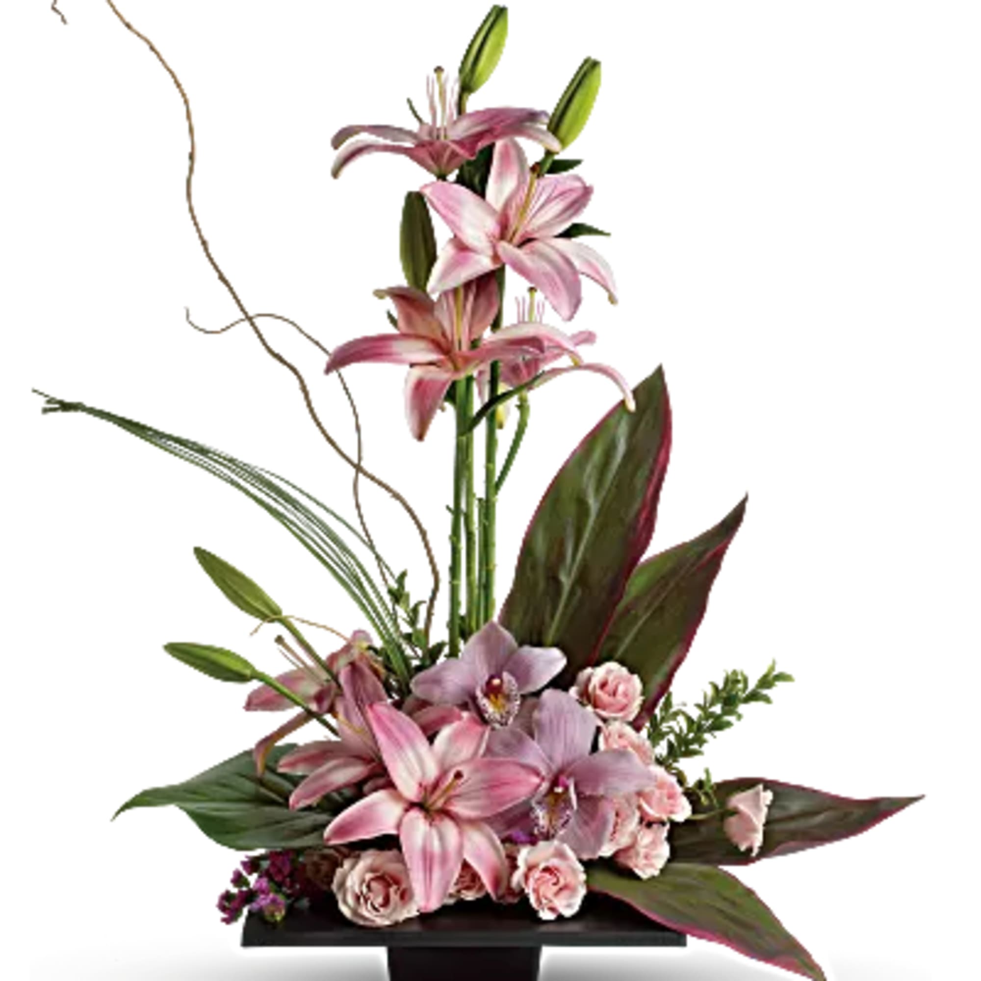 Tall pink lily arrangement in a low black container