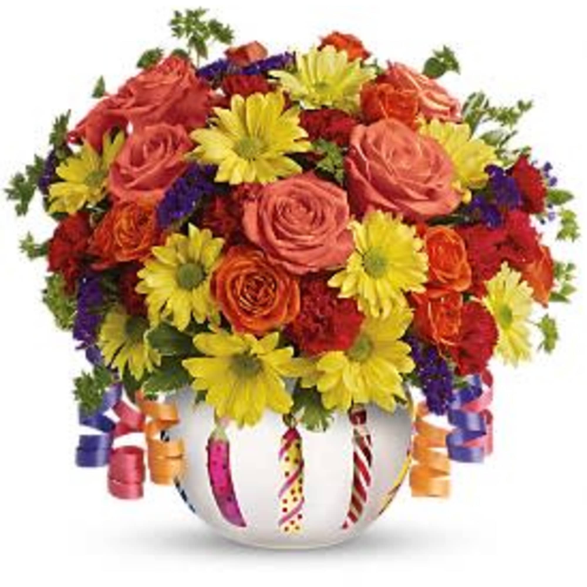 Colorful bouquet of roses and daisies in a decorated white vase