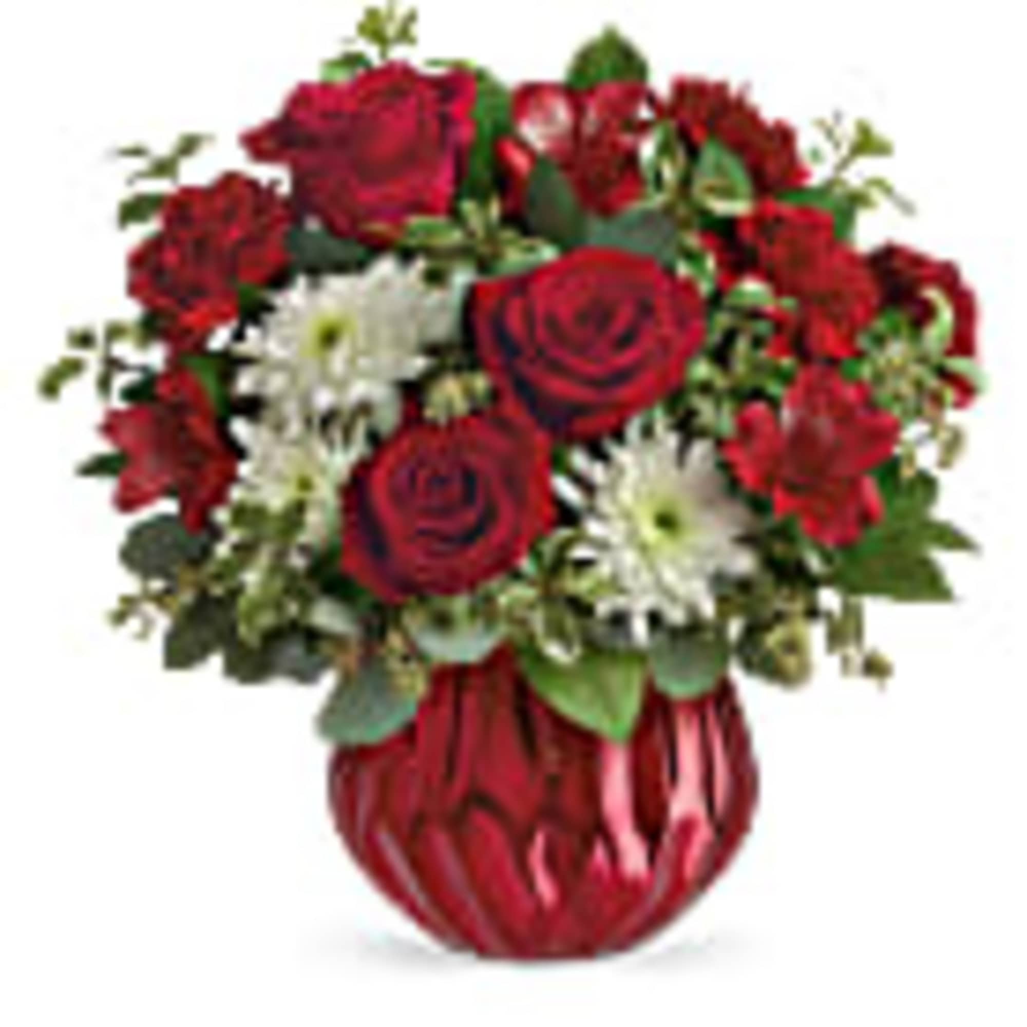 Red roses and white daisies in a red vase