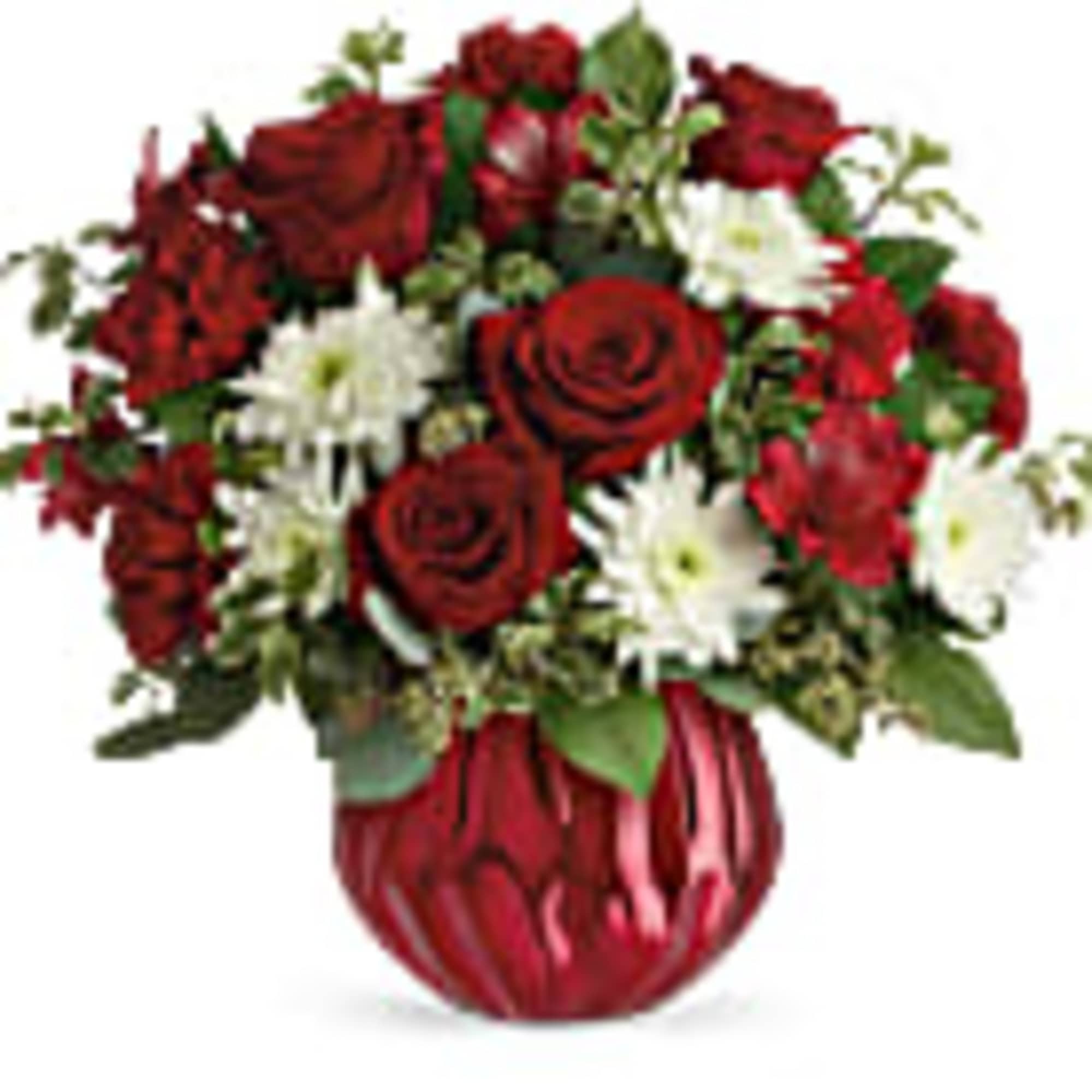 Red roses and white daisies in a red vase